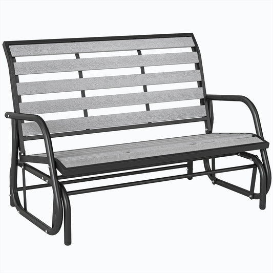 2 Person Outdoor Glider Bench, Patio Glider Swing Loveseat with Faux Wood Slatted Seat and Back, Outdoor Swing Bench with Steel Frame for Backyard, Garden, Porch, Grey