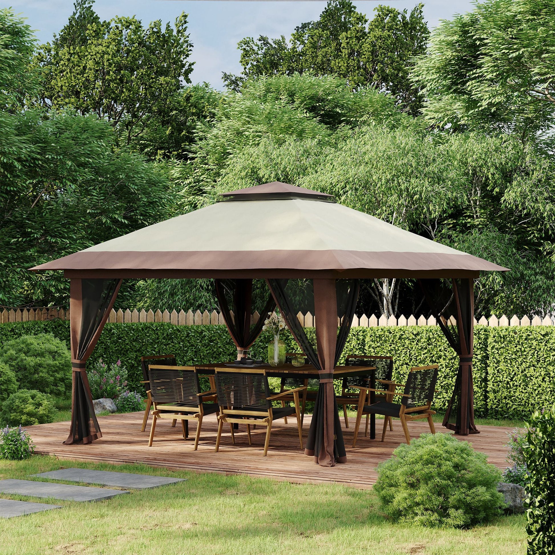 13' x 13' Pop Up Canopy with Mesh Sidewalls and Water/Sand Bag, UPF 50+ Easy Up Canopy Tent Shelter, Wheeled Carry Bag for Garden, Backyard, Patio, Lawn, Beige