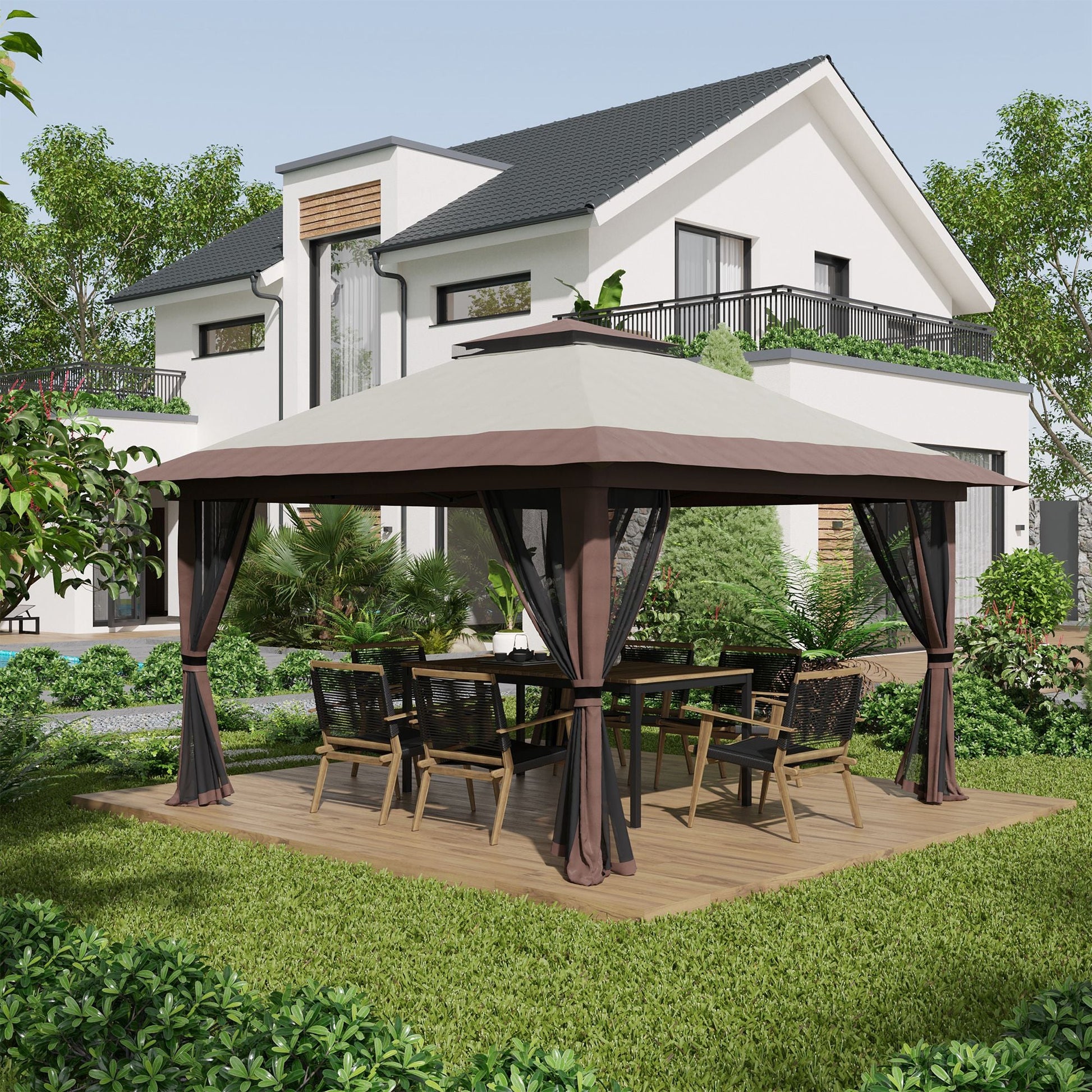 13' x 13' Pop Up Canopy with Mesh Sidewalls and Water/Sand Bag, UPF 50+ Easy Up Canopy Tent Shelter, Wheeled Carry Bag for Garden, Backyard, Patio, Lawn, Beige