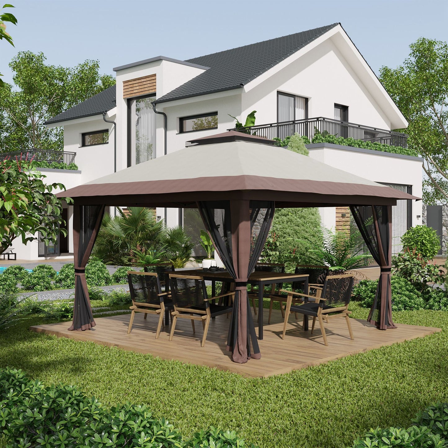 13' x 13' Pop Up Canopy with Mesh Sidewalls and Water/Sand Bag, UPF 50+ Easy Up Canopy Tent Shelter, Wheeled Carry Bag for Garden, Backyard, Patio, Lawn, Beige