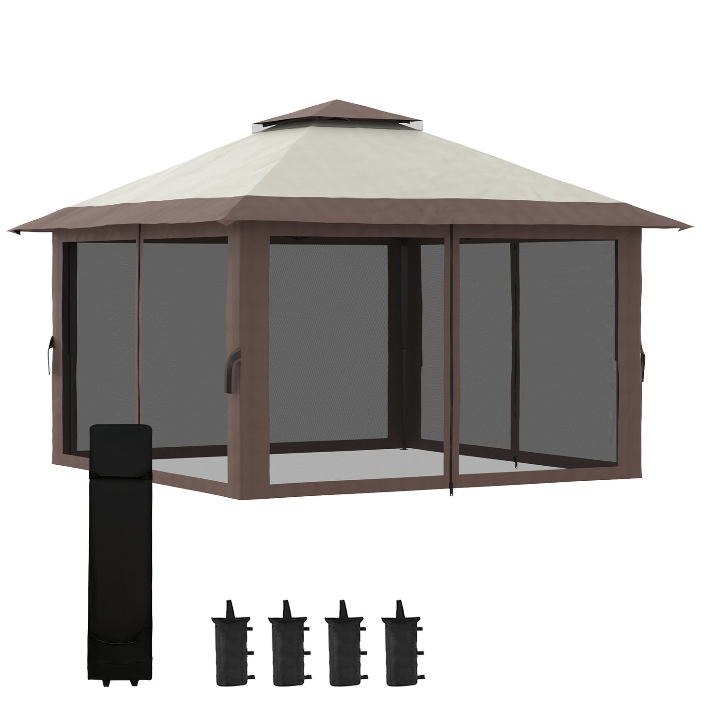 13' x 13' Pop Up Canopy with Mesh Sidewalls and Water/Sand Bag, UPF 50+ Easy Up Canopy Tent Shelter, Wheeled Carry Bag for Garden, Backyard, Patio, Lawn, Beige