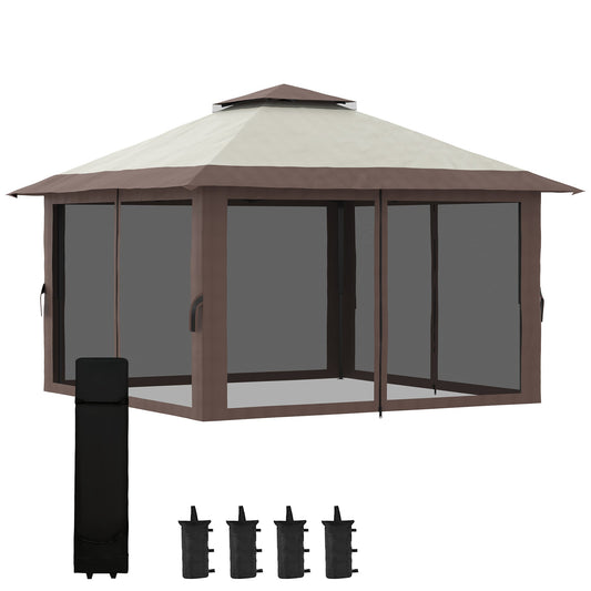 13' x 13' Pop Up Canopy with Mesh Sidewalls and Water/Sand Bag, UPF 50+ Easy Up Canopy Tent Shelter, Wheeled Carry Bag for Garden, Backyard, Patio, Lawn, Beige