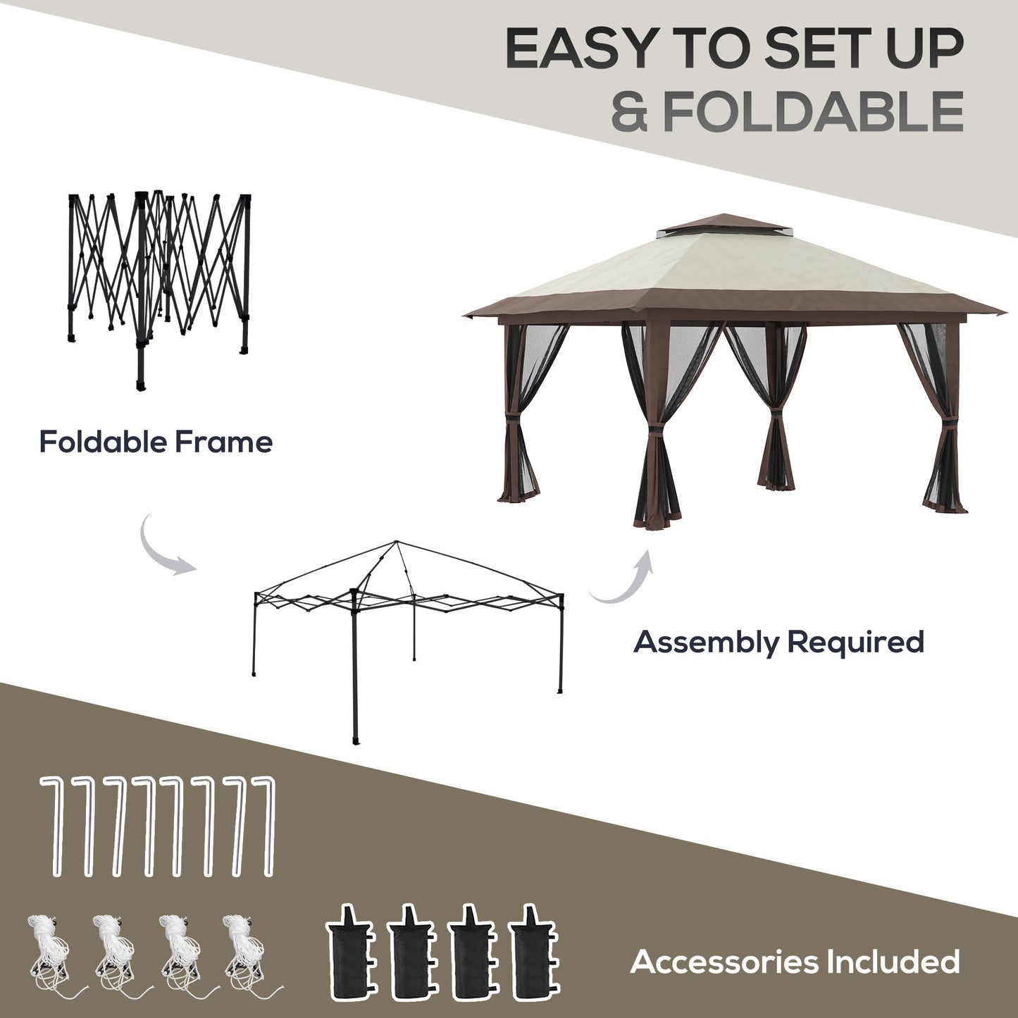 13' x 13' Pop Up Canopy with Mesh Sidewalls and Water/Sand Bag, UPF 50+ Easy Up Canopy Tent Shelter, Wheeled Carry Bag for Garden, Backyard, Patio, Lawn, Beige