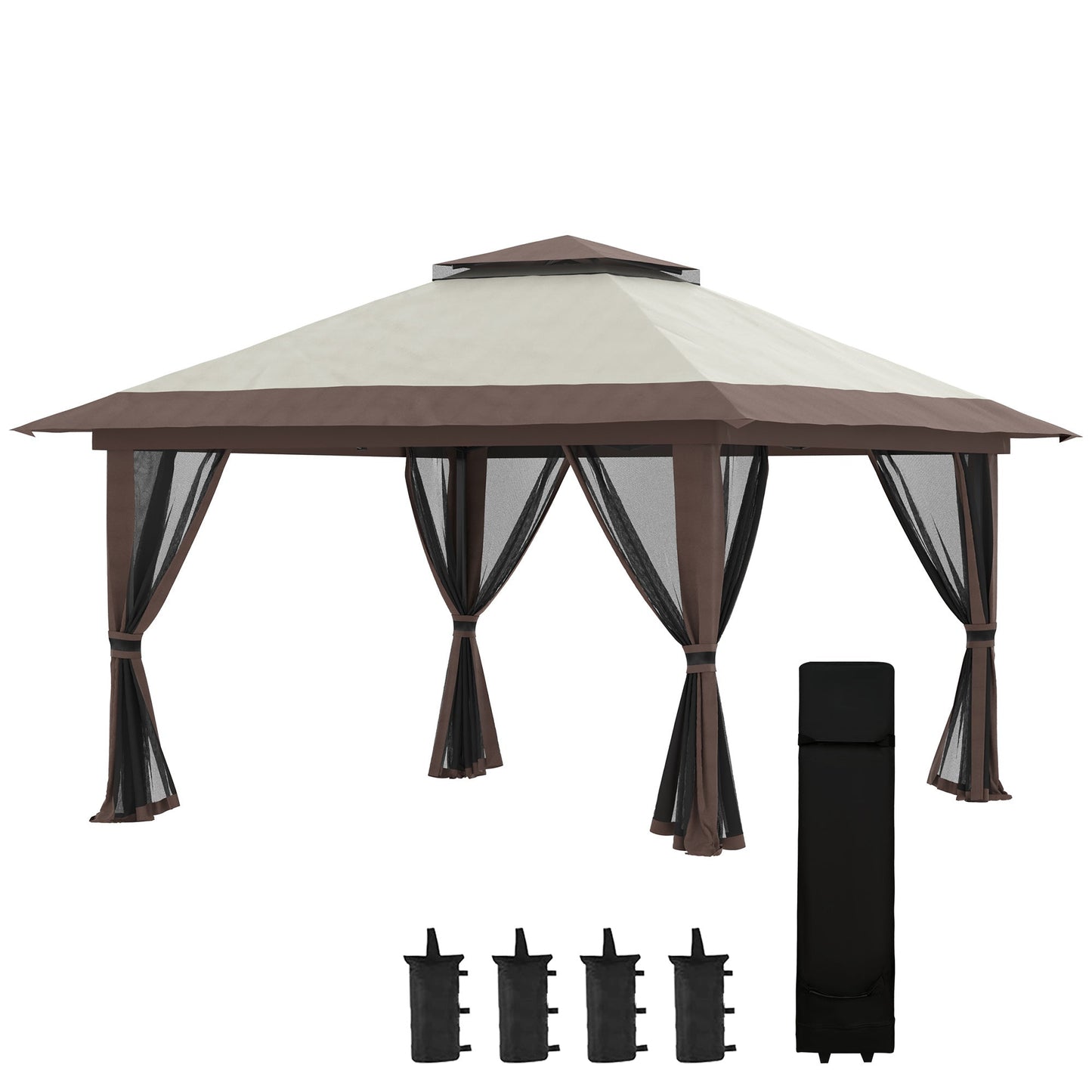13' x 13' Pop Up Canopy with Mesh Sidewalls and Water/Sand Bag, UPF 50+ Easy Up Canopy Tent Shelter, Wheeled Carry Bag for Garden, Backyard, Patio, Lawn, Beige
