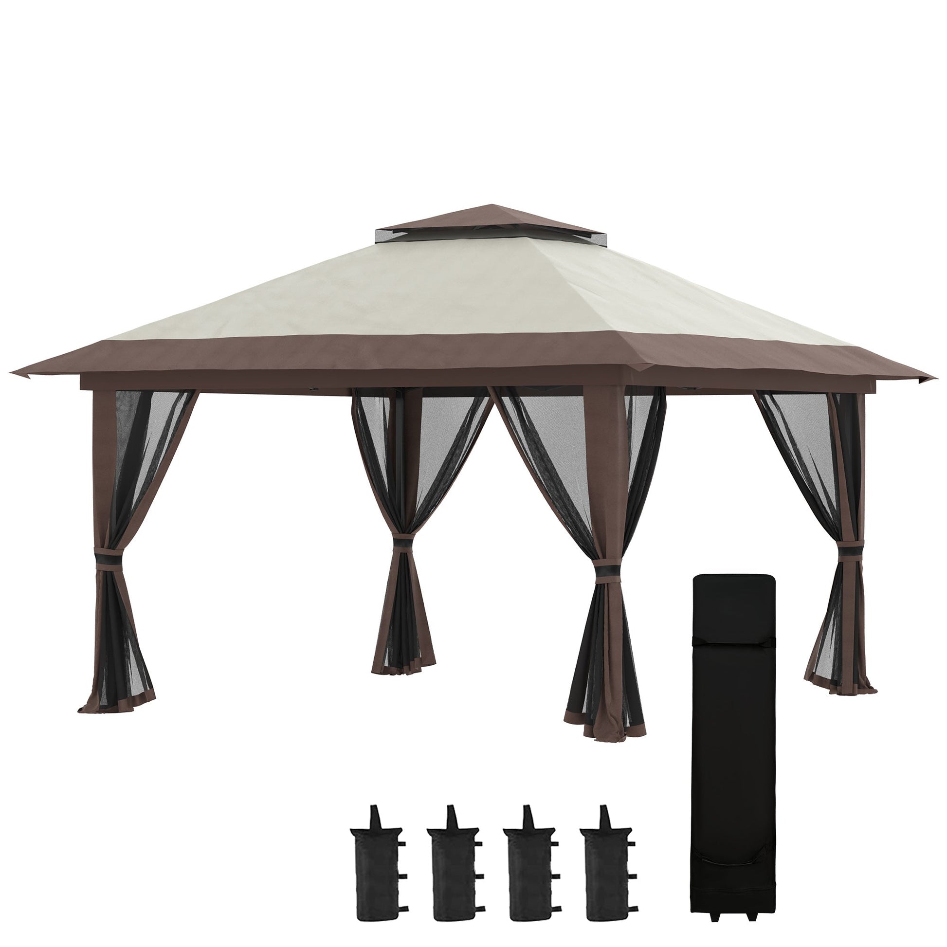 13' x 13' Pop Up Canopy with Mesh Sidewalls and Water/Sand Bag, UPF 50+ Easy Up Canopy Tent Shelter, Wheeled Carry Bag for Garden, Backyard, Patio, Lawn, Beige