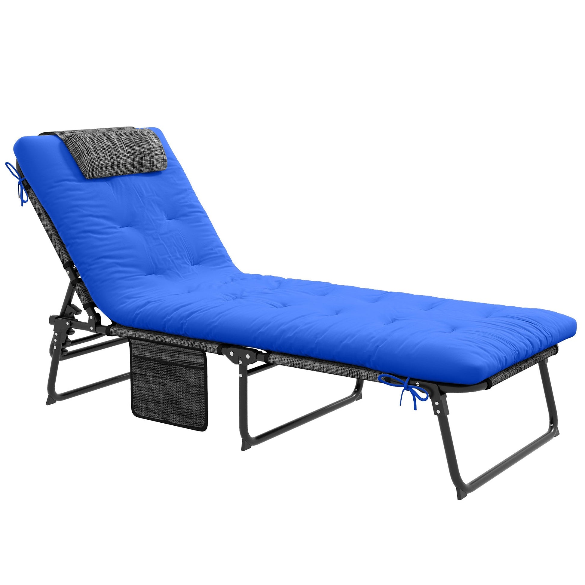 Folding Lounge Chair with 4-level Reclining Back, Outdoor Tanning Chair with Cushion, Sun Lounger with Breathable Mesh Fabric, Side Pocket, Headrest, Blue