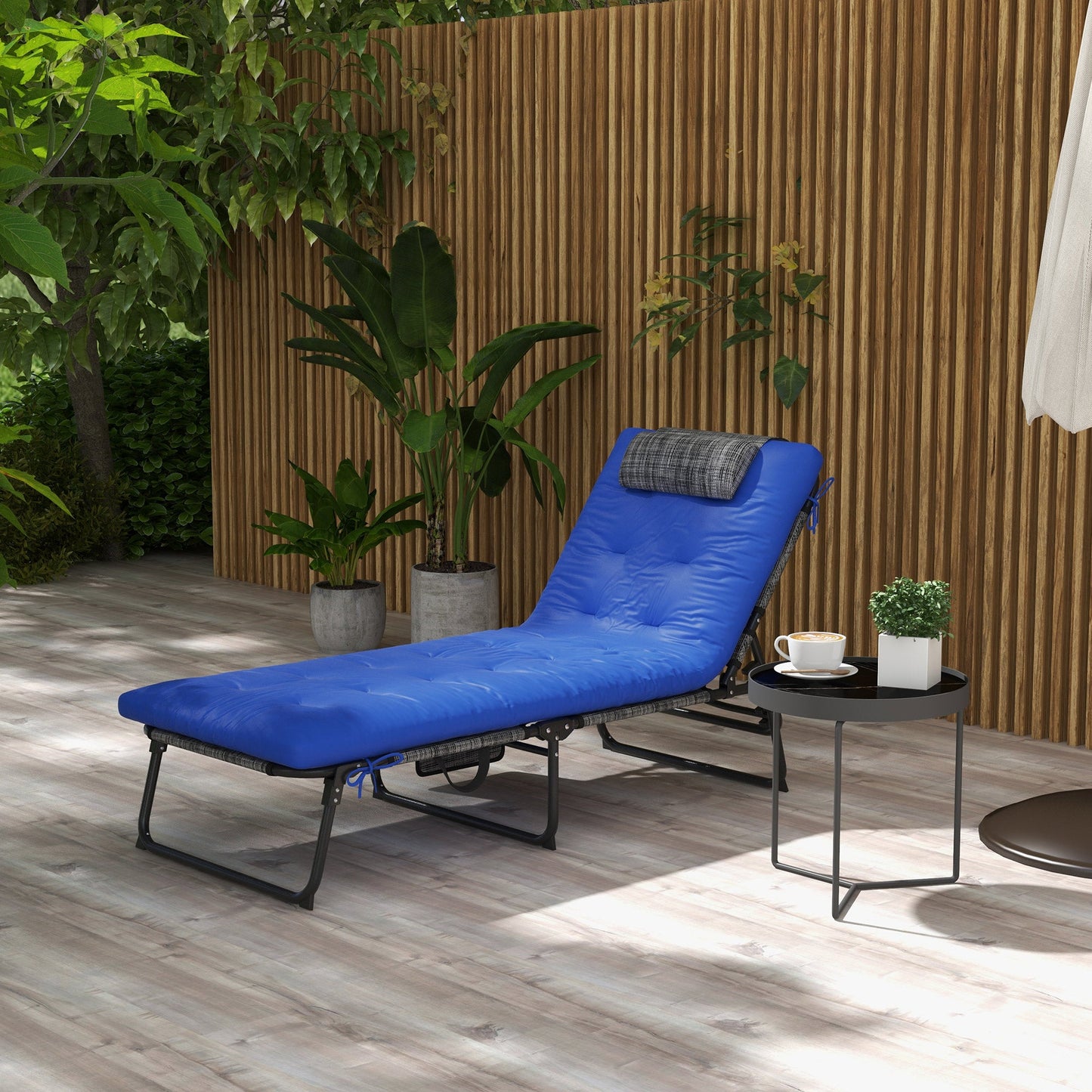 Folding Lounge Chair with 4-level Reclining Back, Outdoor Tanning Chair with Cushion, Sun Lounger with Breathable Mesh Fabric, Side Pocket, Headrest, Blue
