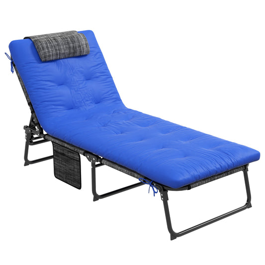 Folding Lounge Chair with 4-level Reclining Back, Outdoor Tanning Chair with Cushion, Sun Lounger with Breathable Mesh Fabric, Side Pocket, Headrest, Blue