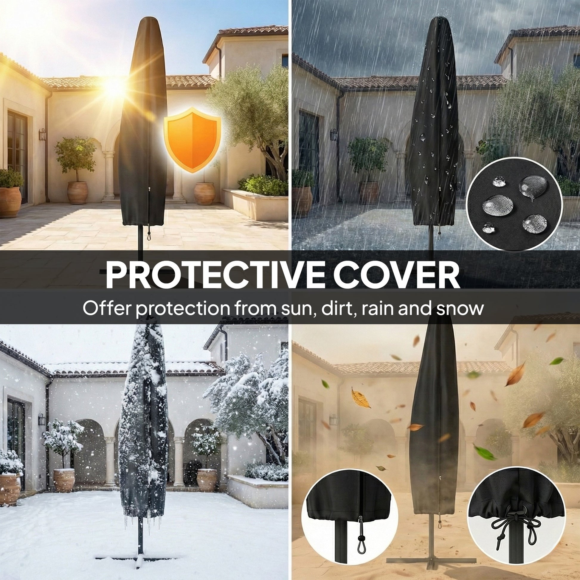 9.7 ft Cantilever Patio Umbrella with Solar LED Light, Cover, Round Offset Hanging Outdoor Umbrella Parasol with Tilt and Crank Handle, Khaki