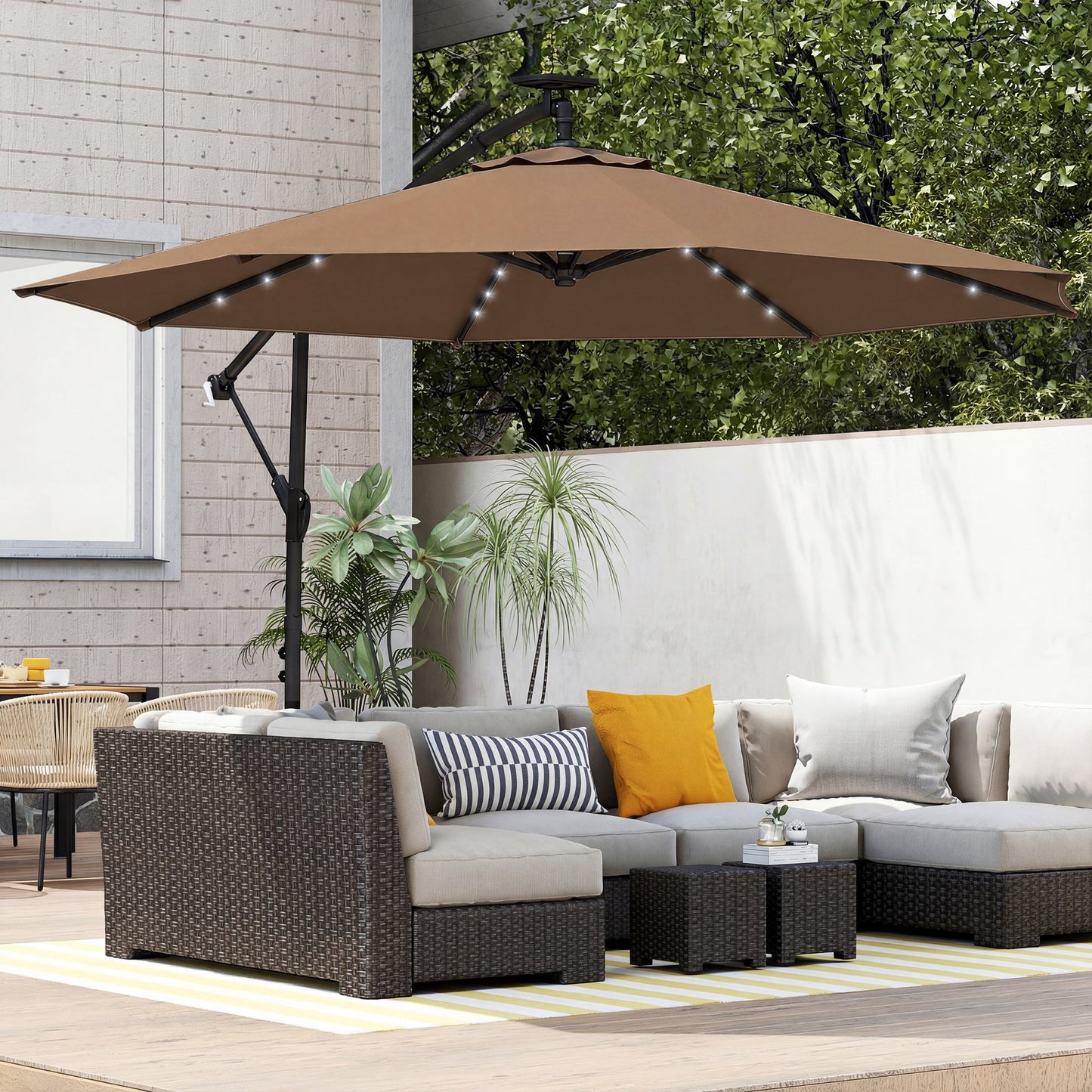 9.7 ft Cantilever Patio Umbrella with Solar LED Light, Cover, Round Offset Hanging Outdoor Umbrella Parasol with Tilt and Crank Handle, Khaki