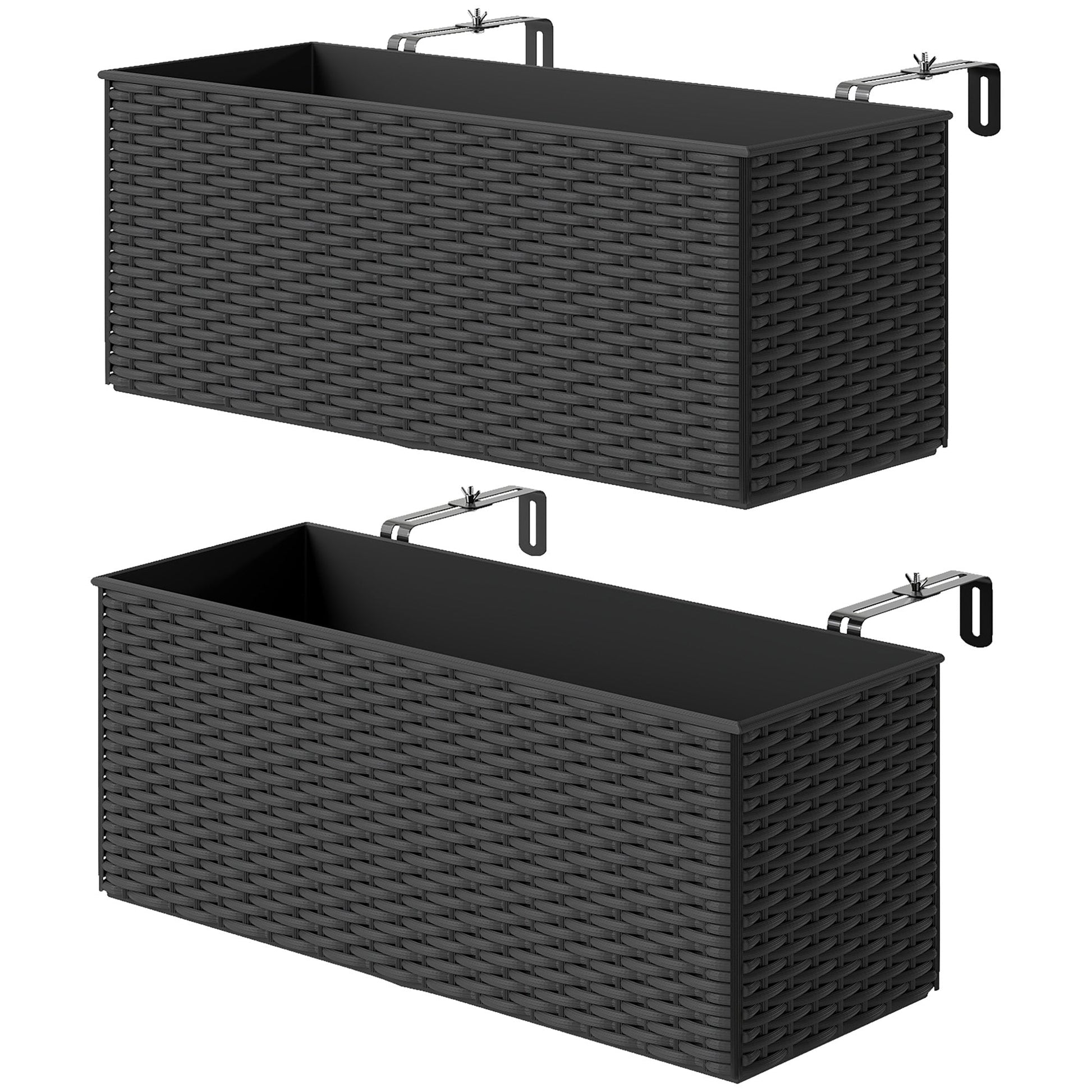 2 Pack Railing Planter Box, 20 Inch Hanging Flower Pots with Hooks and Drainage Hole, Rectangular Planters for Fence, Balcony, Garden, Patio, Rattan Look, Black