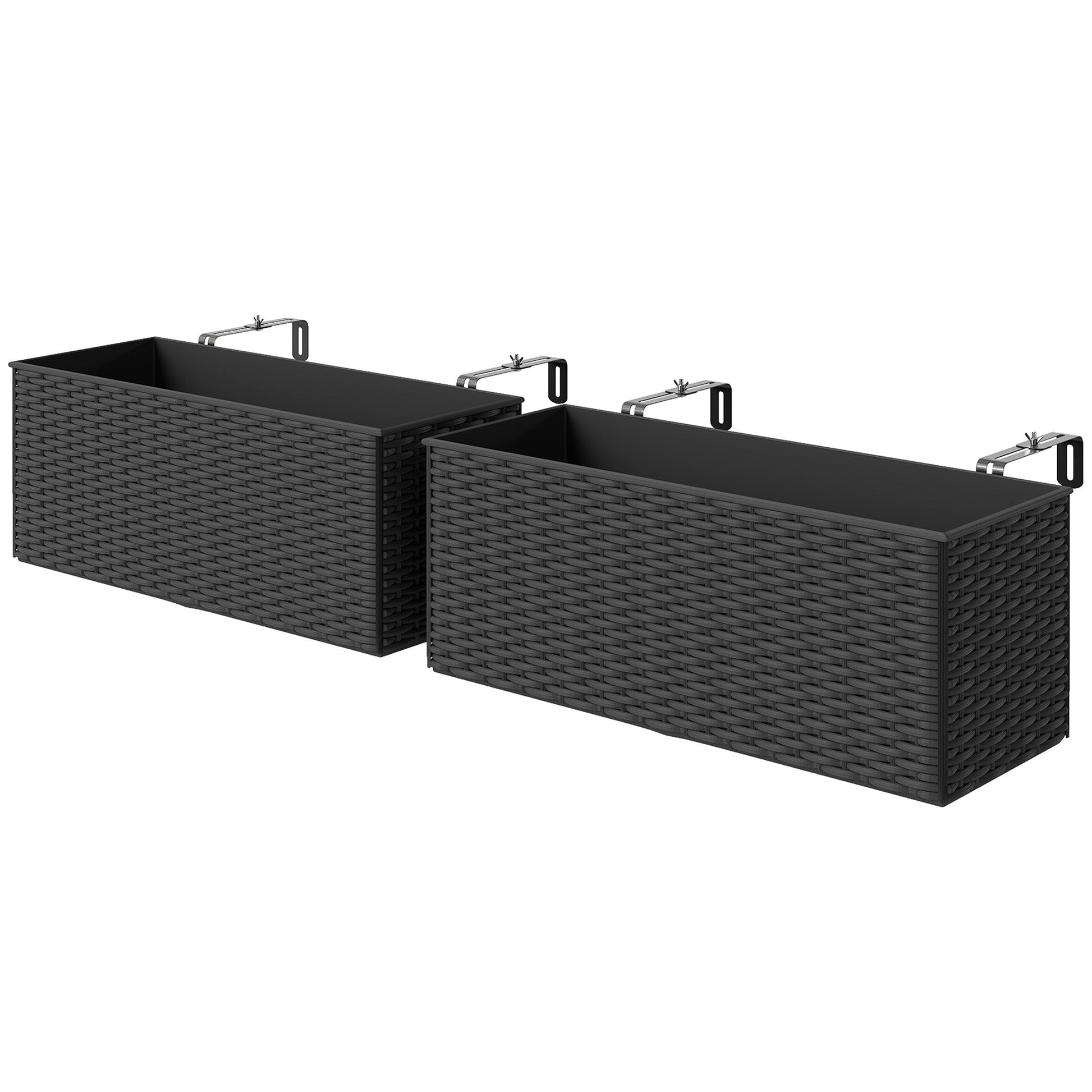 2 Pack Railing Planter Box, 20 Inch Hanging Flower Pots with Hooks and Drainage Hole, Rectangular Planters for Fence, Balcony, Garden, Patio, Rattan Look, Black