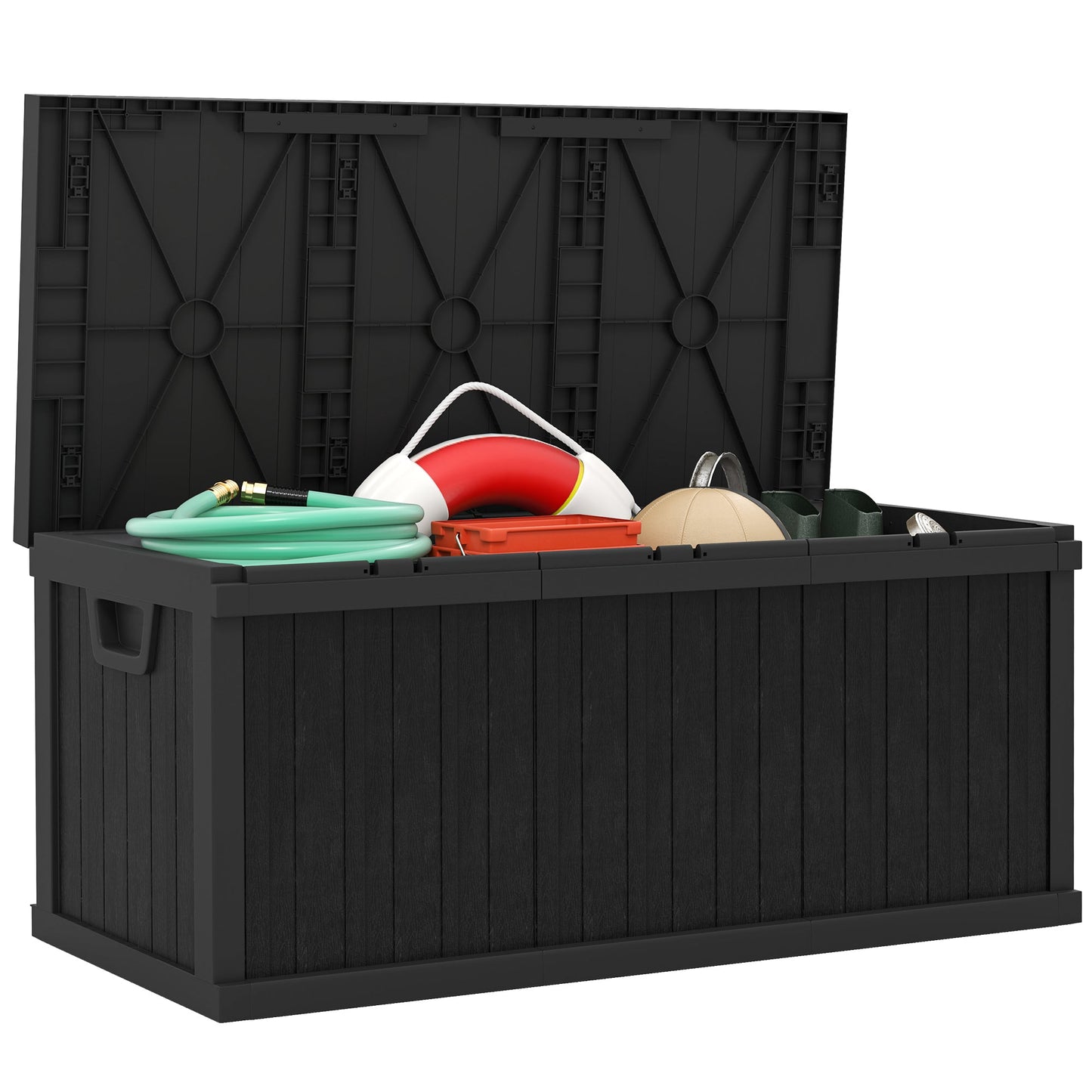 70 Gallon Deck Box, Resin Outdoor Storage Box with Handles, Waterproof and UV Resistant Storage Container for Garden Tools and Pool Supplies, Black
