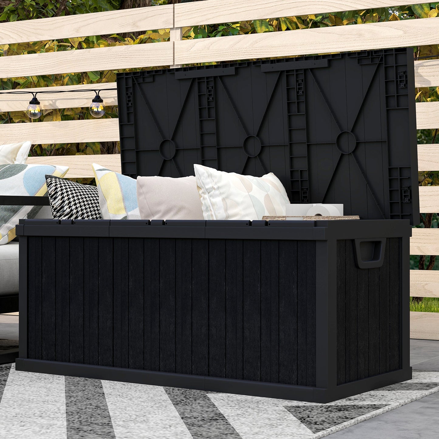 70 Gallon Deck Box, Resin Outdoor Storage Box with Handles, Waterproof and UV Resistant Storage Container for Garden Tools and Pool Supplies, Black