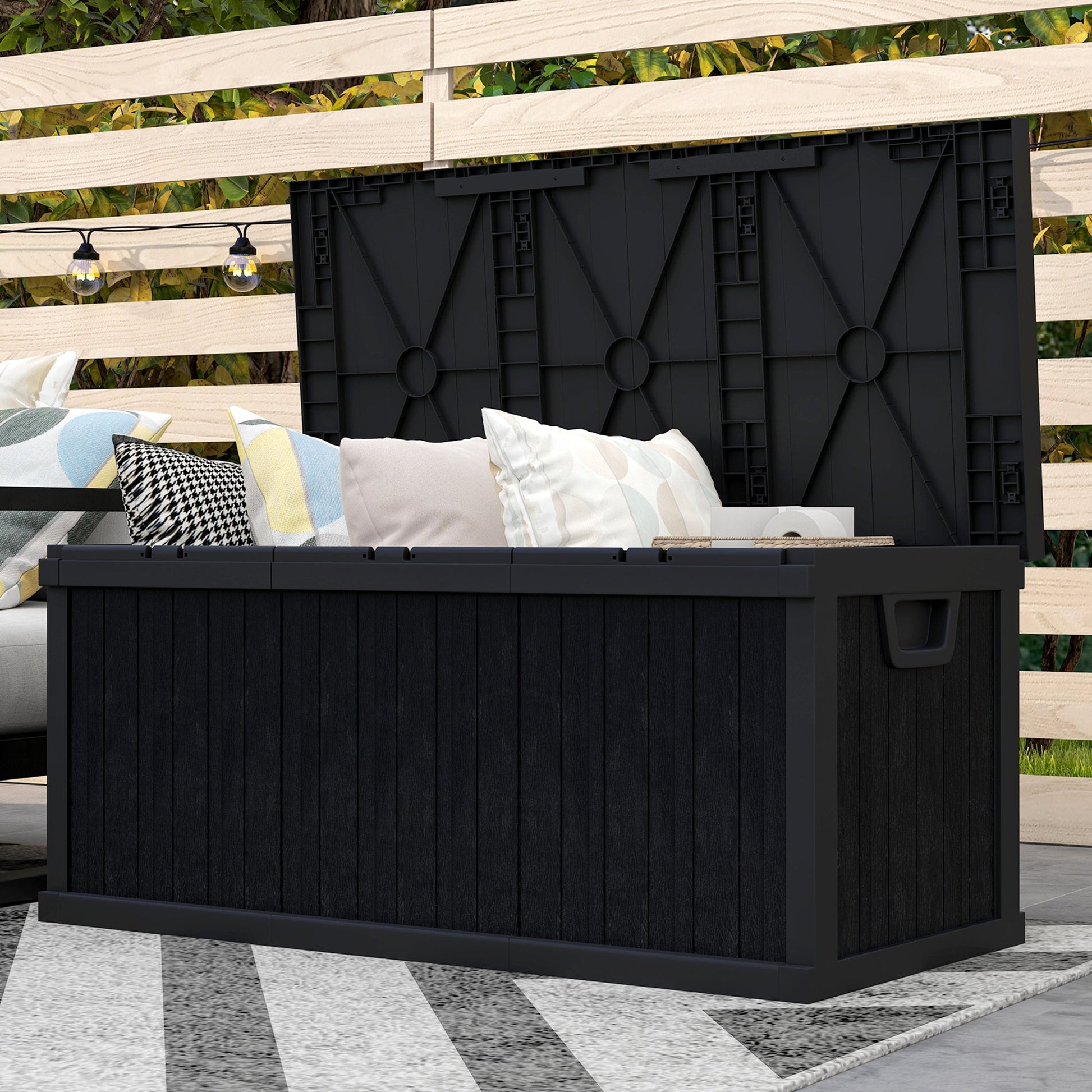 70 Gallon Deck Box, Resin Outdoor Storage Box with Handles, Waterproof and UV Resistant Storage Container for Garden Tools and Pool Supplies, Black