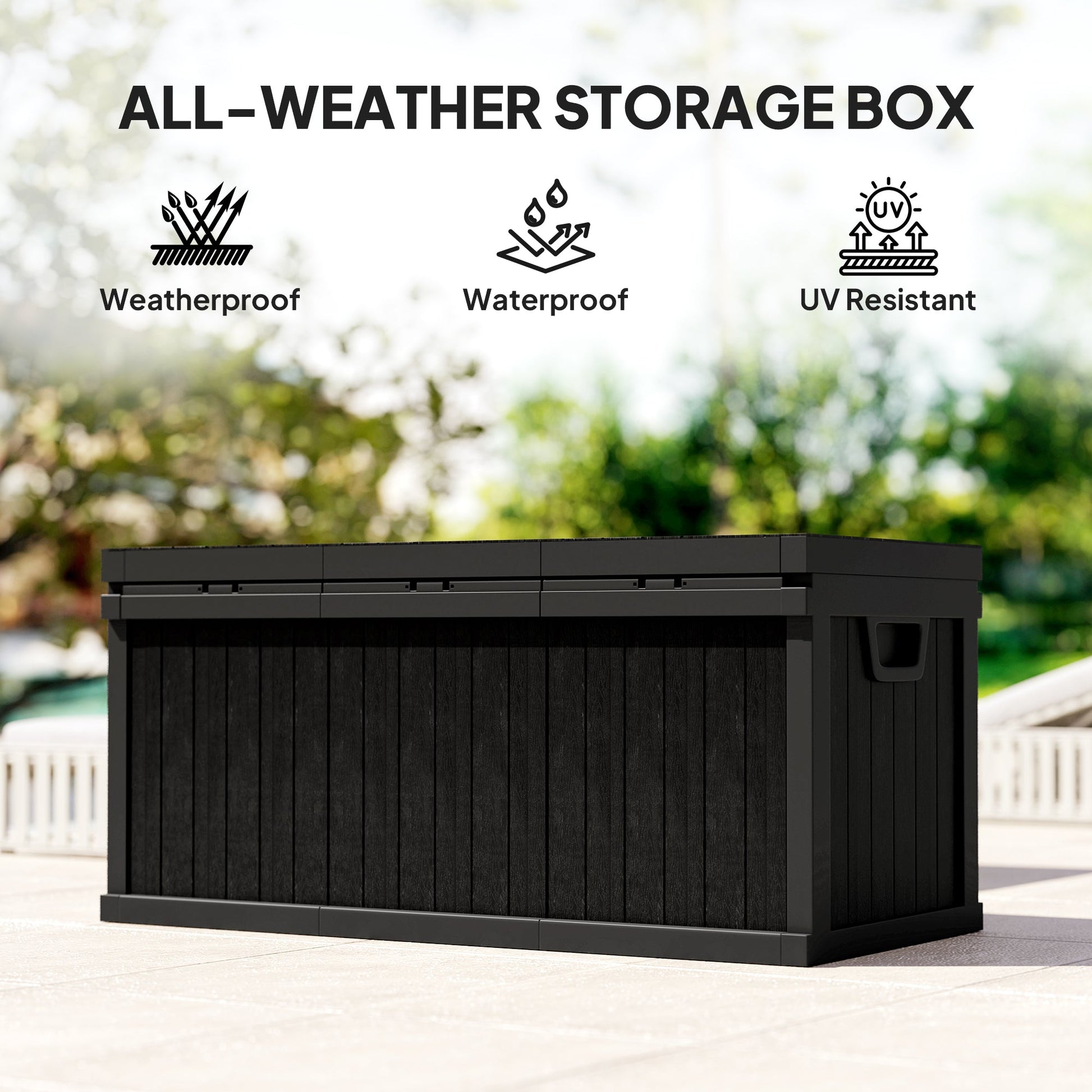 70 Gallon Deck Box, Resin Outdoor Storage Box with Handles, Waterproof and UV Resistant Storage Container for Garden Tools and Pool Supplies, Black