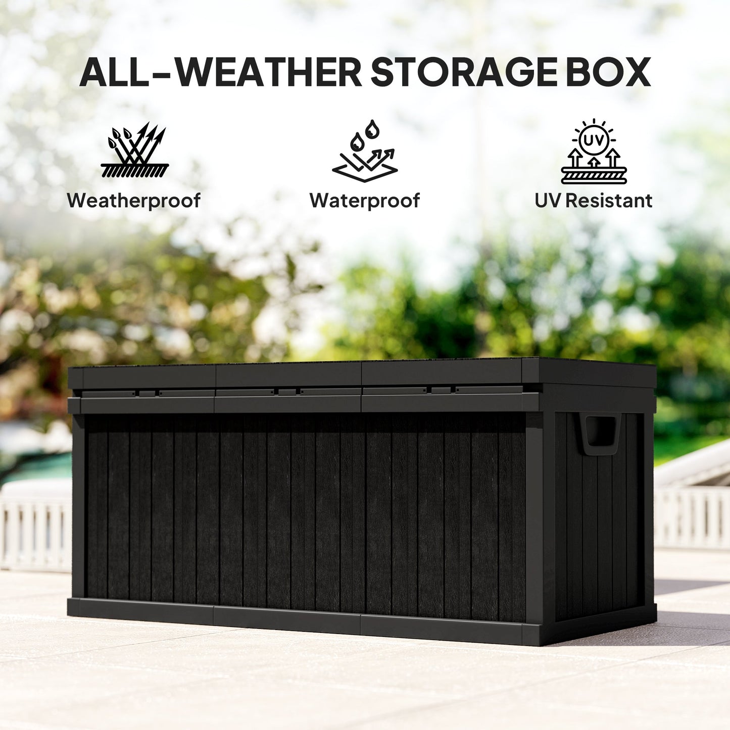 70 Gallon Deck Box, Resin Outdoor Storage Box with Handles, Waterproof and UV Resistant Storage Container for Garden Tools and Pool Supplies, Black
