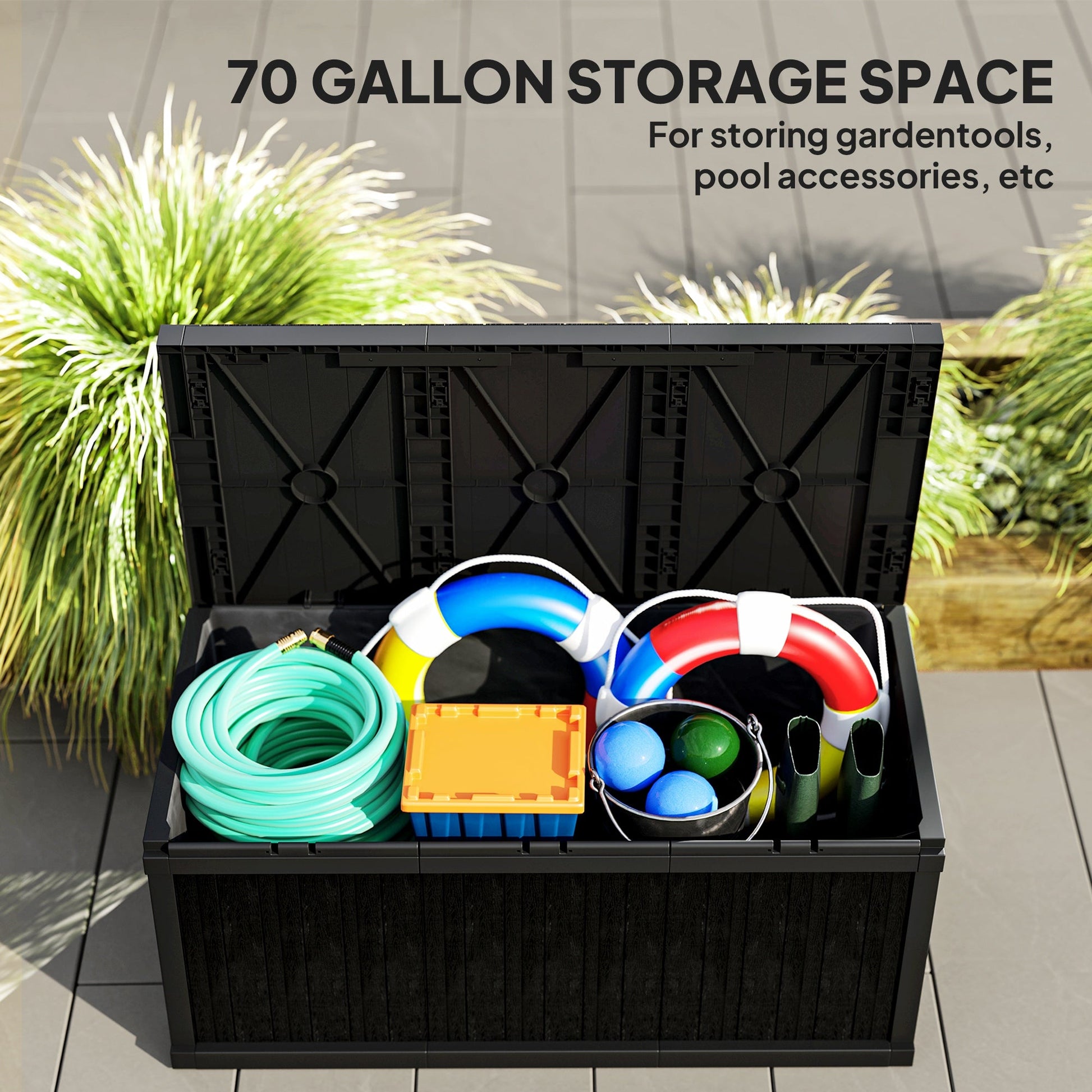 70 Gallon Deck Box, Resin Outdoor Storage Box with Handles, Waterproof and UV Resistant Storage Container for Garden Tools and Pool Supplies, Black