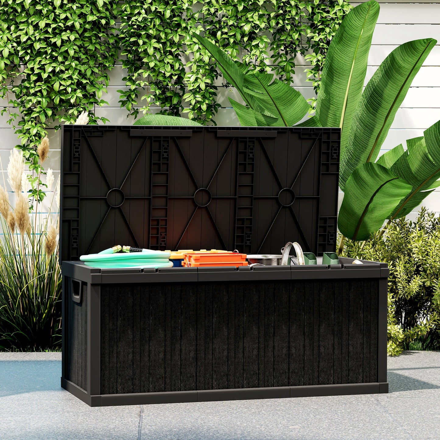 70 Gallon Deck Box, Resin Outdoor Storage Box with Handles, Waterproof and UV Resistant Storage Container for Garden Tools and Pool Supplies, Black