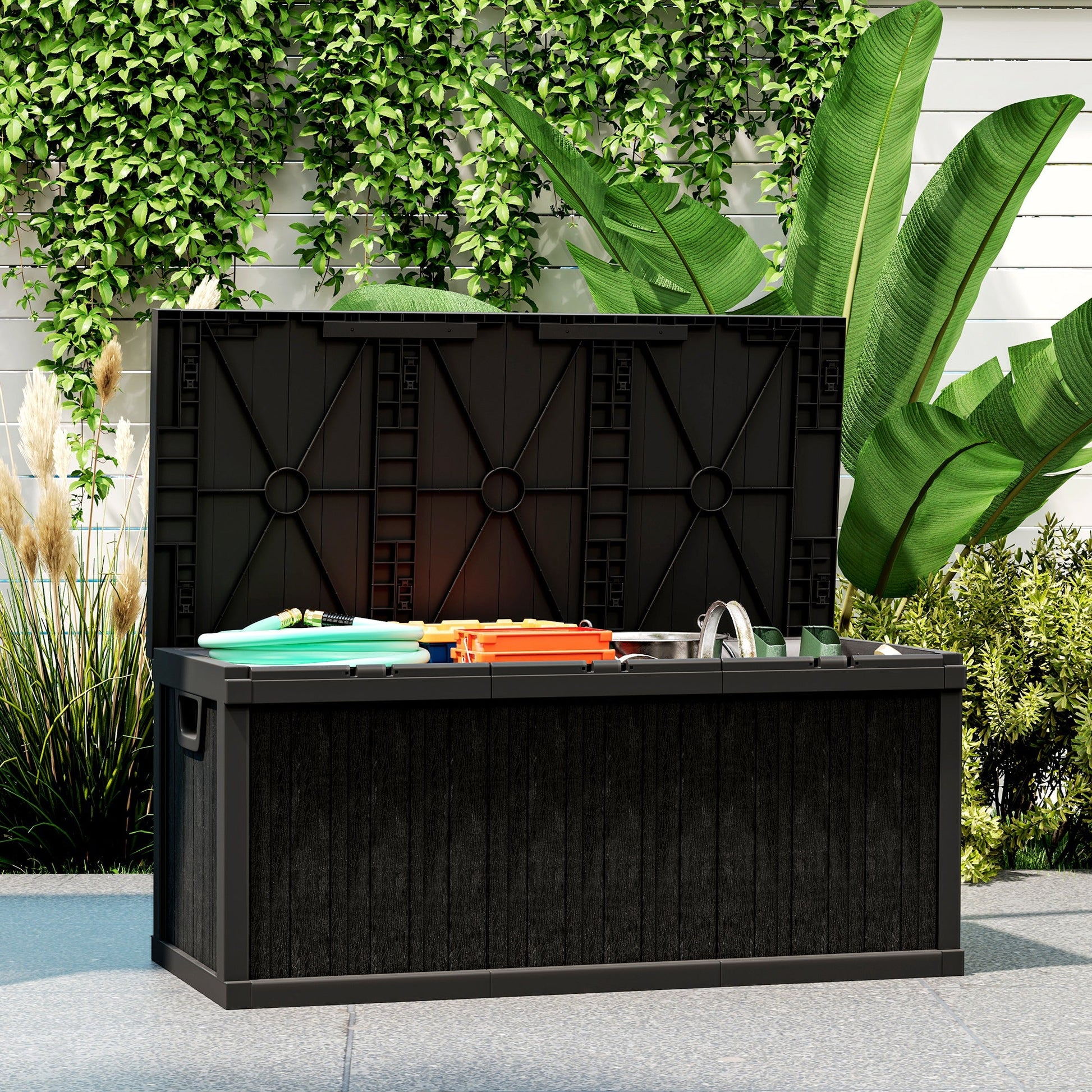 70 Gallon Deck Box, Resin Outdoor Storage Box with Handles, Waterproof and UV Resistant Storage Container for Garden Tools and Pool Supplies, Black
