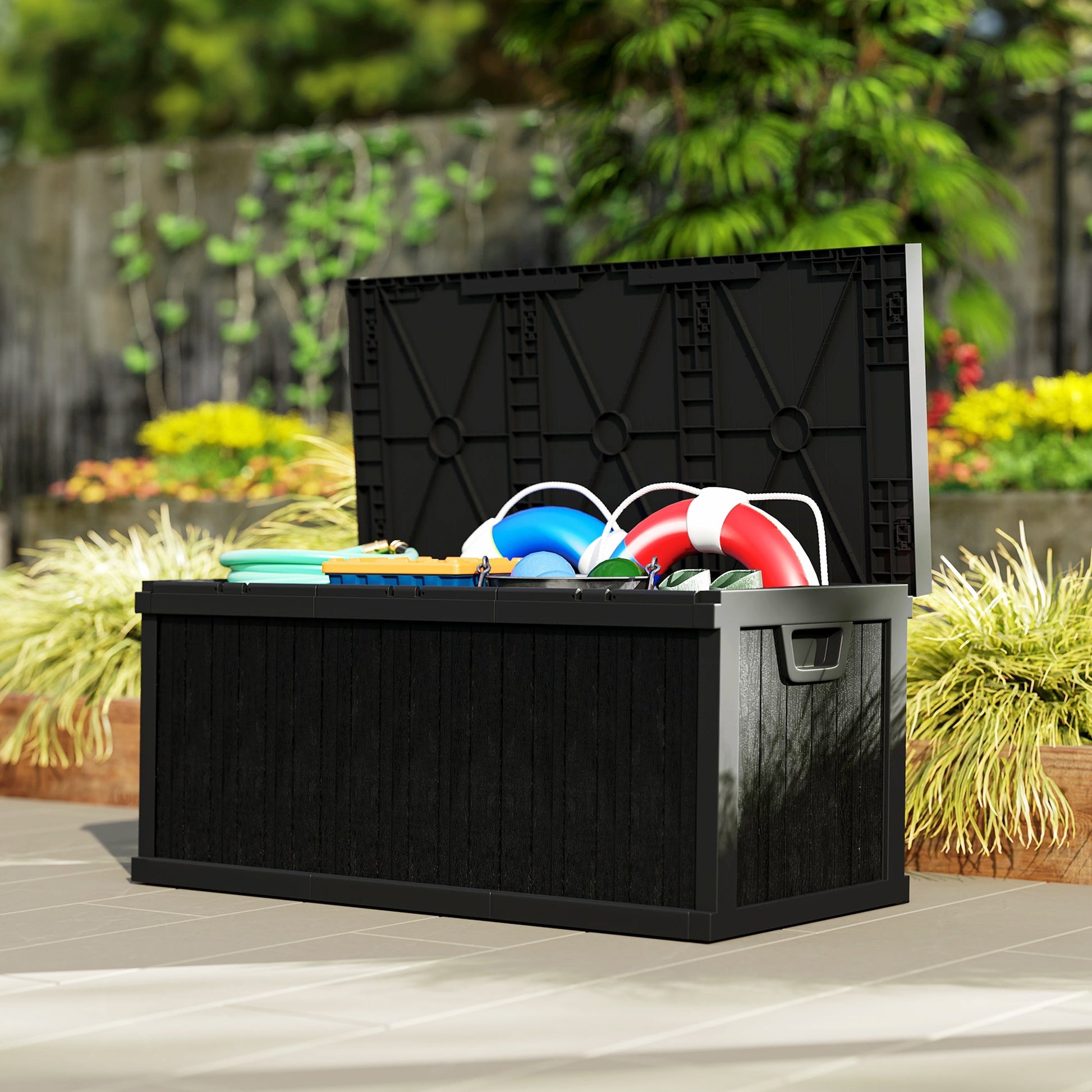 70 Gallon Deck Box, Resin Outdoor Storage Box with Handles, Waterproof and UV Resistant Storage Container for Garden Tools and Pool Supplies, Black