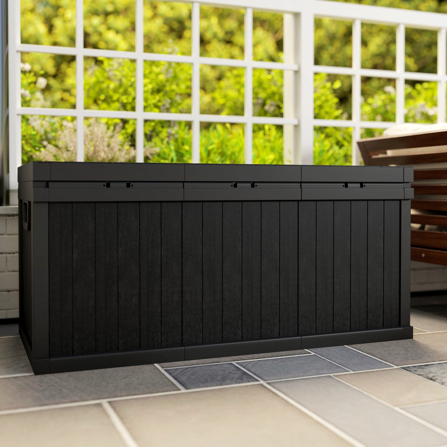 70 Gallon Deck Box, Resin Outdoor Storage Box with Handles, Waterproof and UV Resistant Storage Container for Garden Tools and Pool Supplies, Black