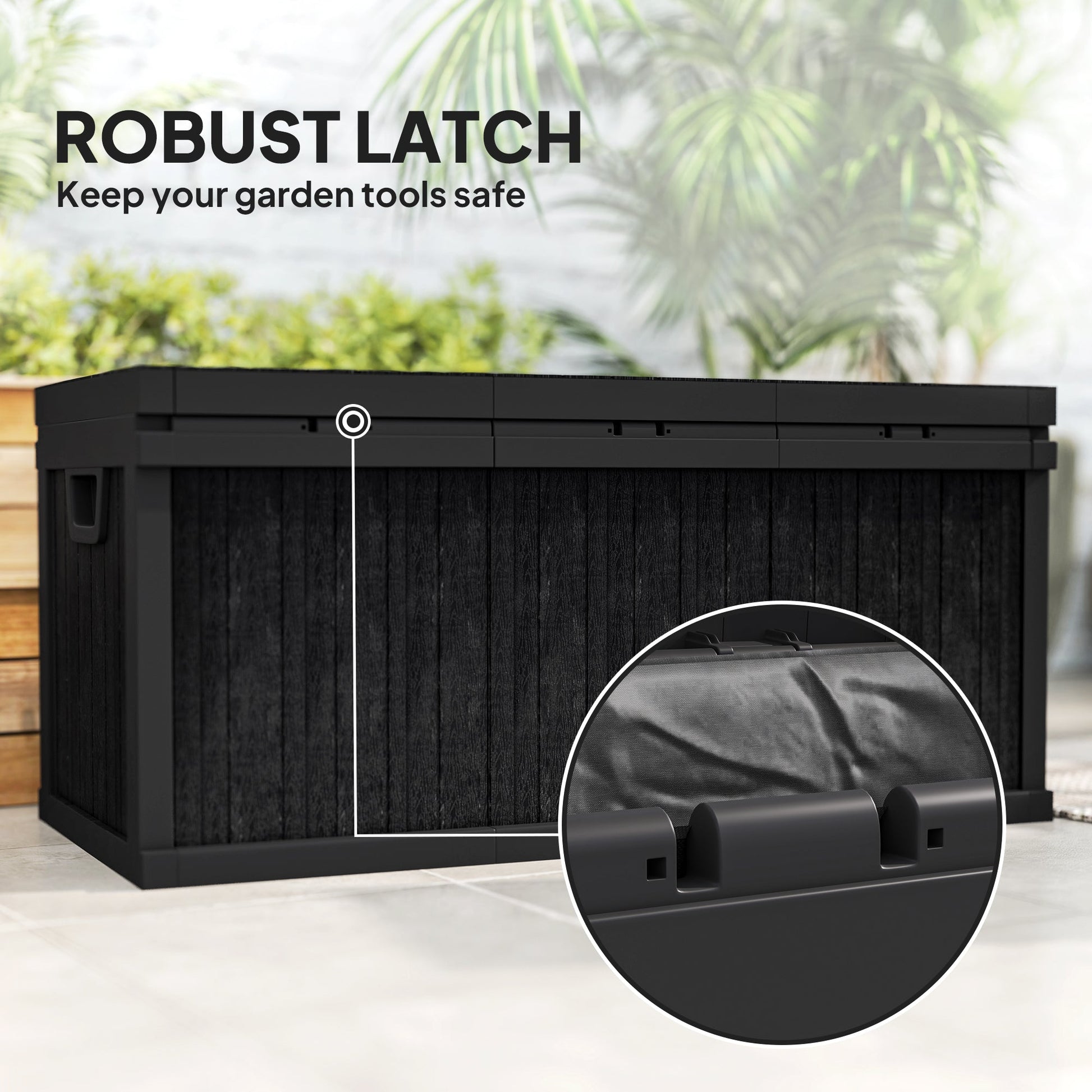 70 Gallon Deck Box, Resin Outdoor Storage Box with Handles, Waterproof and UV Resistant Storage Container for Garden Tools and Pool Supplies, Black