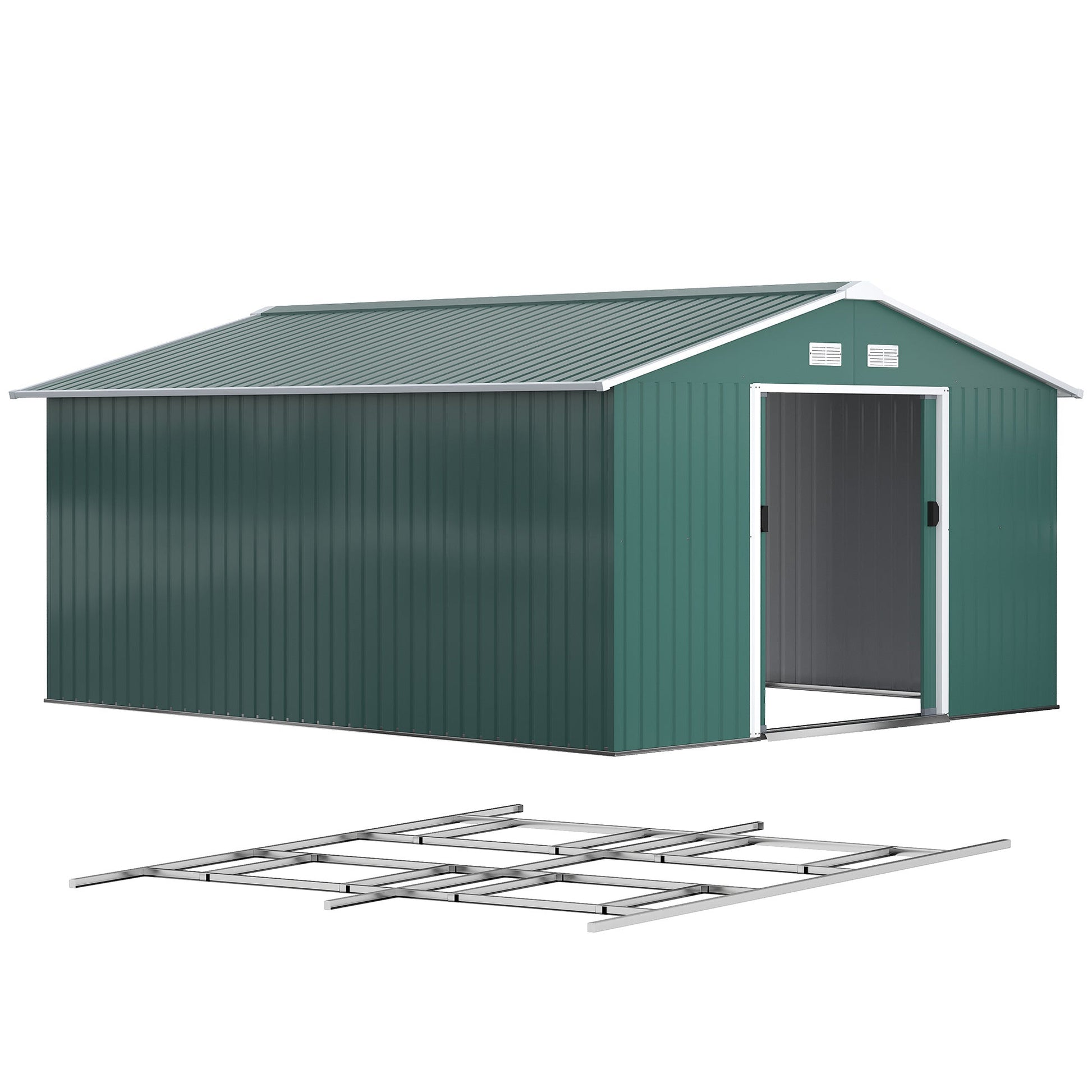 11' x 13' Garden Storage Shed with Foundation Kit, Metal Tool Storage House with Double Doors for Outdoor Patio Yard, Green