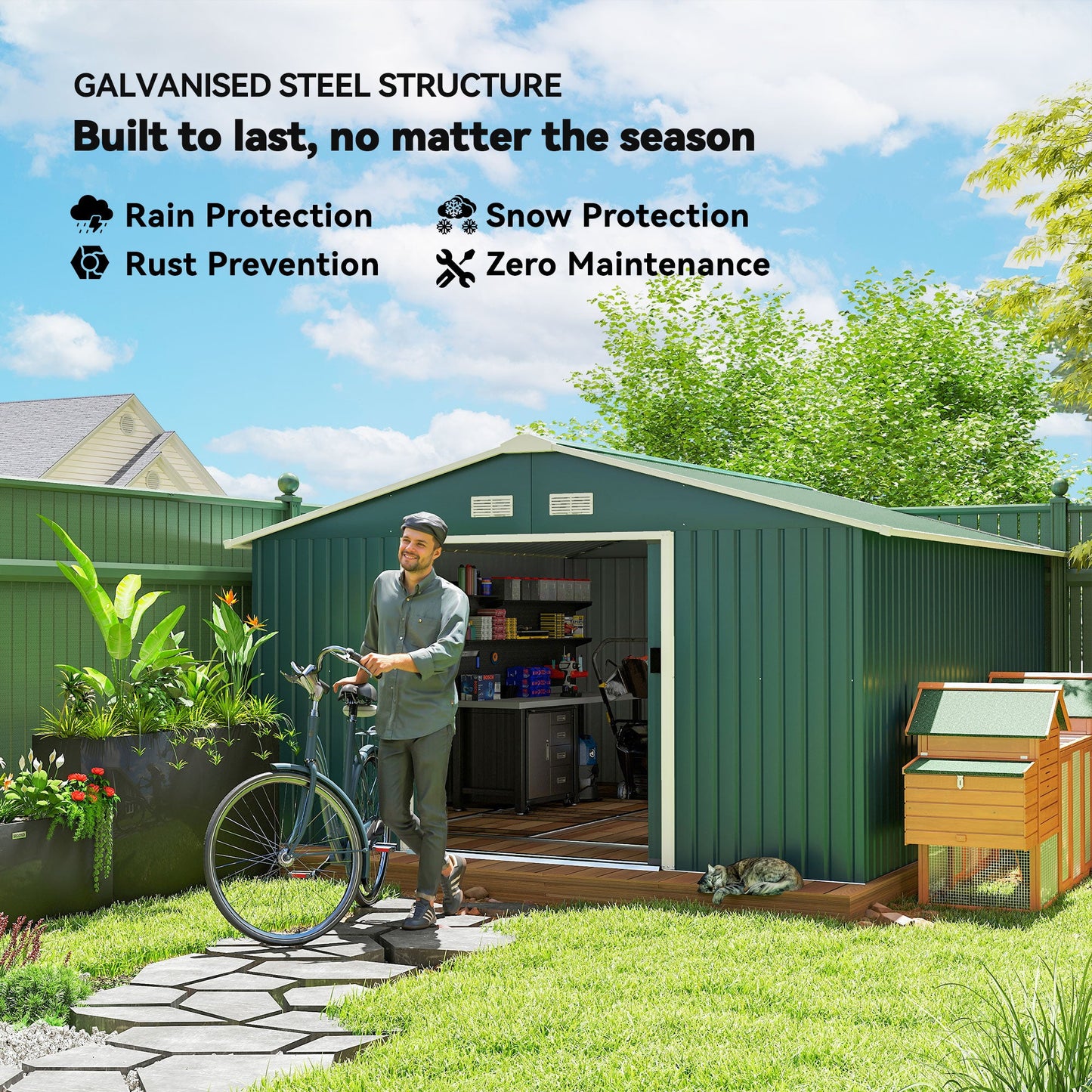 11' x 13' Garden Storage Shed with Foundation Kit, Metal Tool Storage House with Double Doors for Outdoor Patio Yard, Green