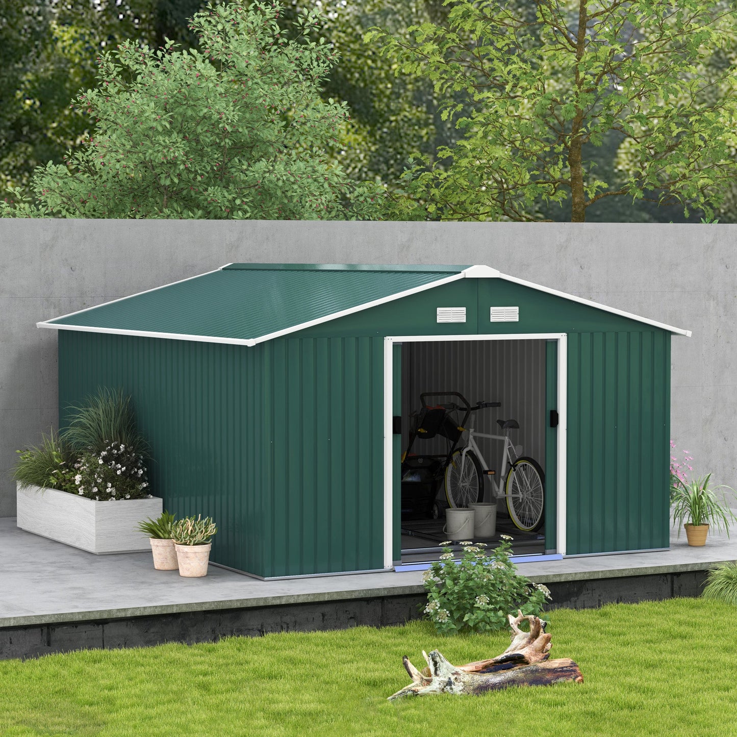11' x 13' Garden Storage Shed with Foundation Kit, Metal Tool Storage House with Double Doors for Outdoor Patio Yard, Green