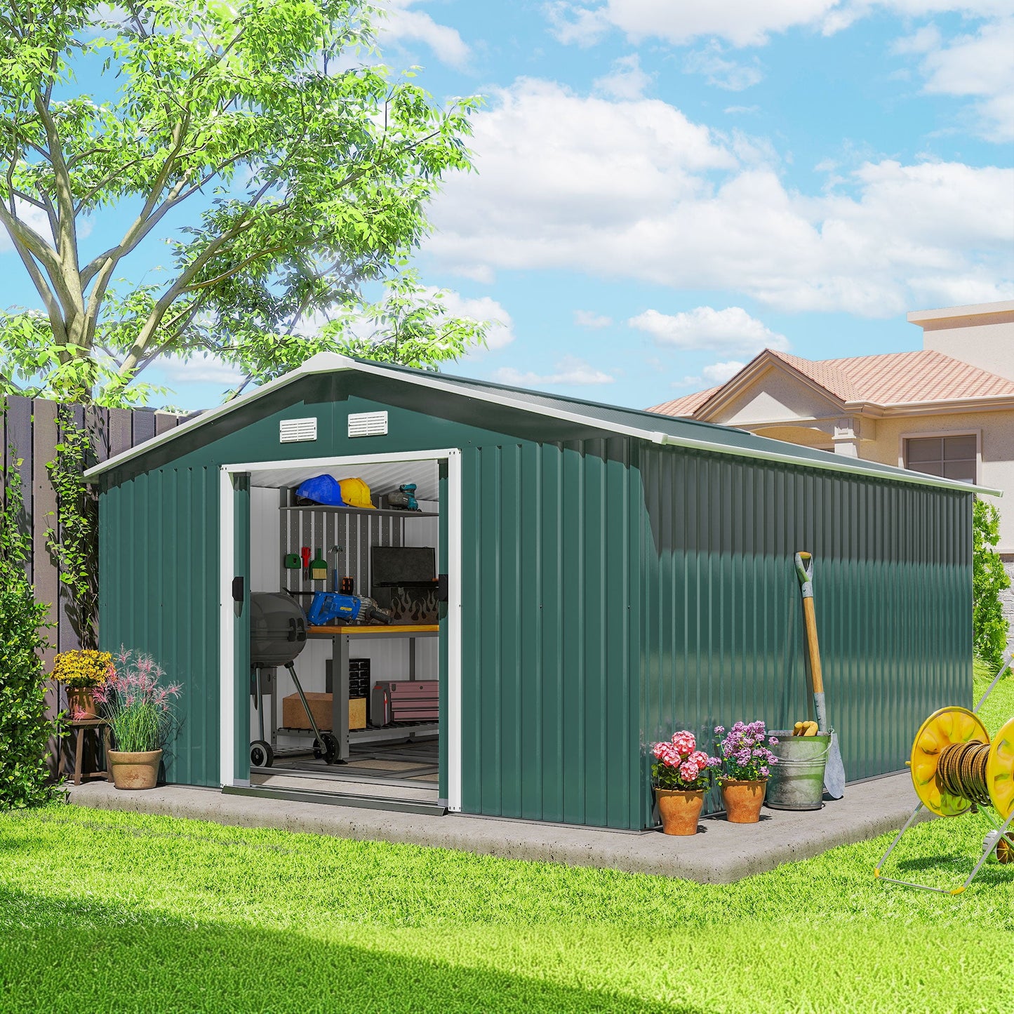 11' x 13' Garden Storage Shed with Foundation Kit, Metal Tool Storage House with Double Doors for Outdoor Patio Yard, Green