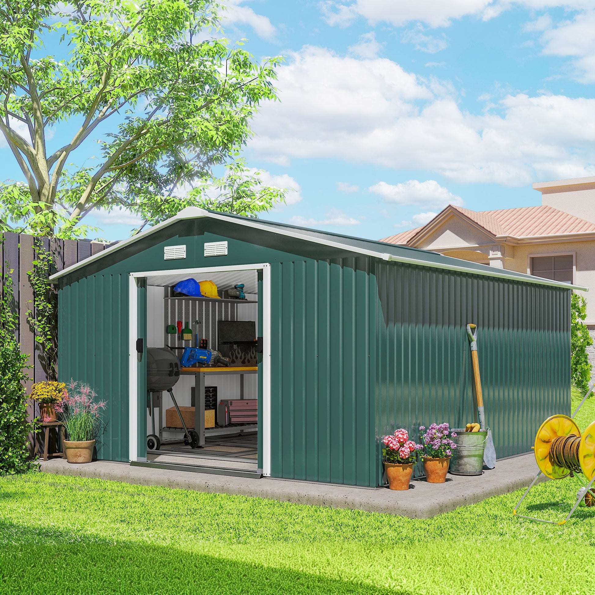 11' x 13' Garden Storage Shed with Foundation Kit, Metal Tool Storage House with Double Doors for Outdoor Patio Yard, Green