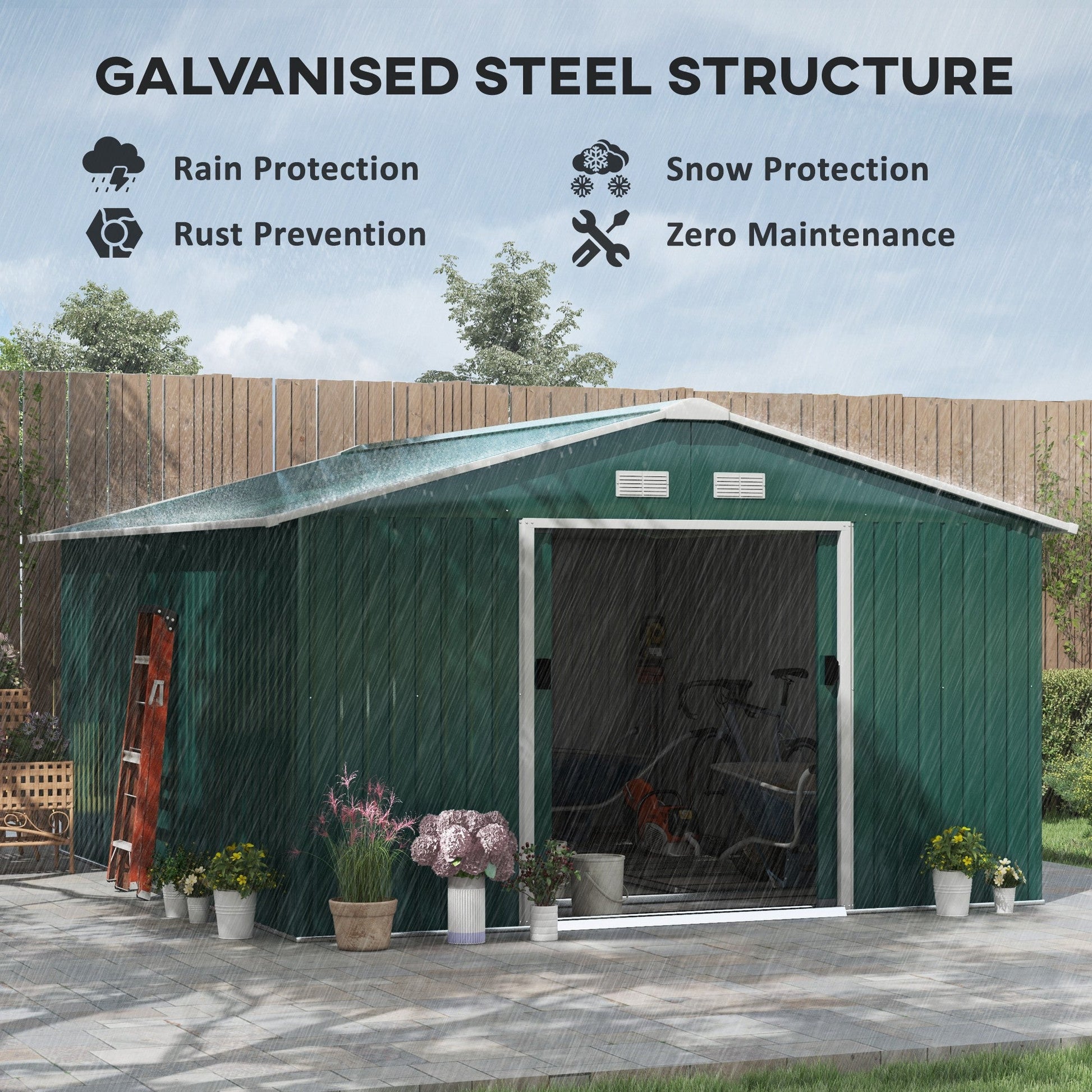 11' x 13' Garden Storage Shed with Foundation Kit, Metal Tool Storage House with Double Doors for Outdoor Patio Yard, Green