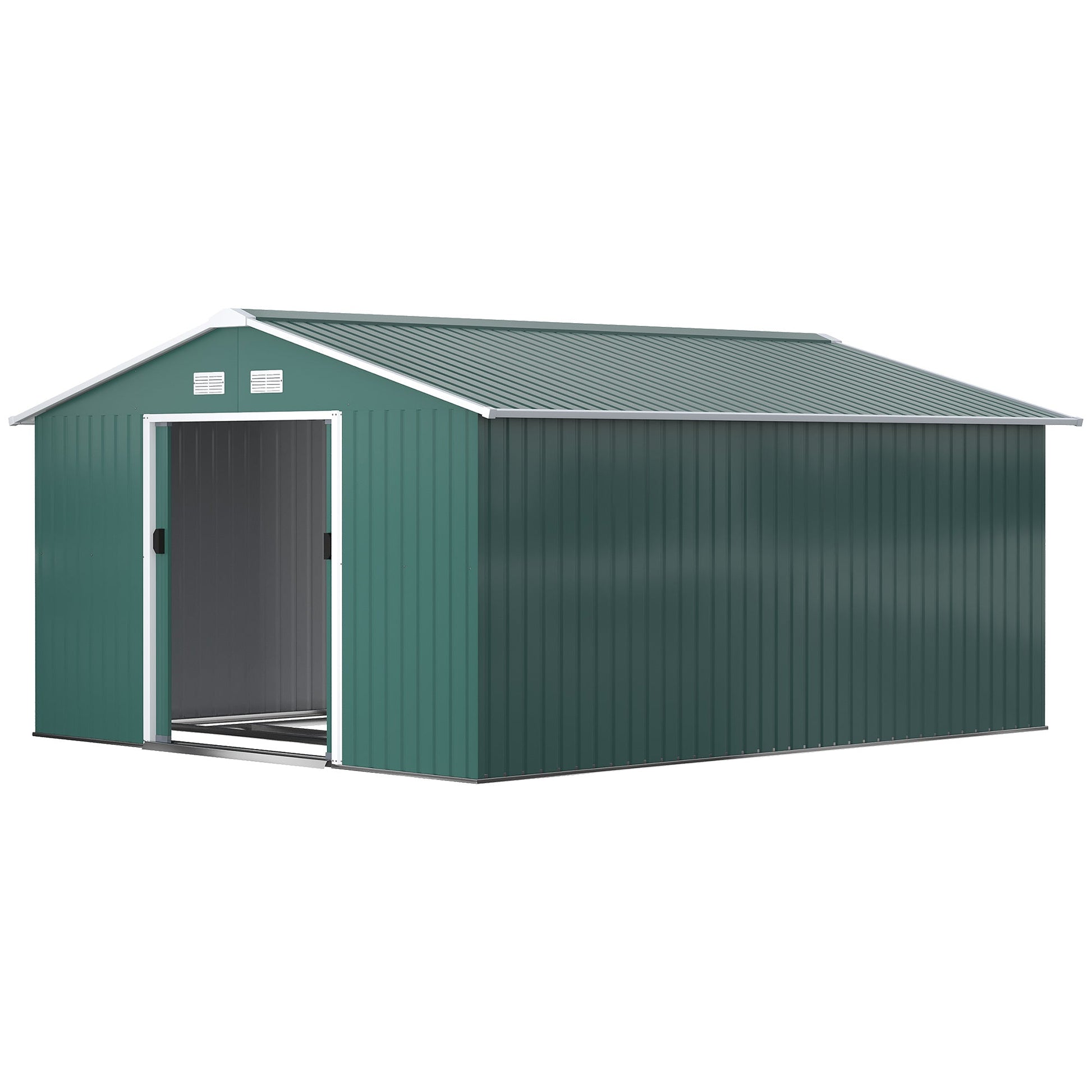 11' x 13' Garden Storage Shed with Foundation Kit, Metal Tool Storage House with Double Doors for Outdoor Patio Yard, Green