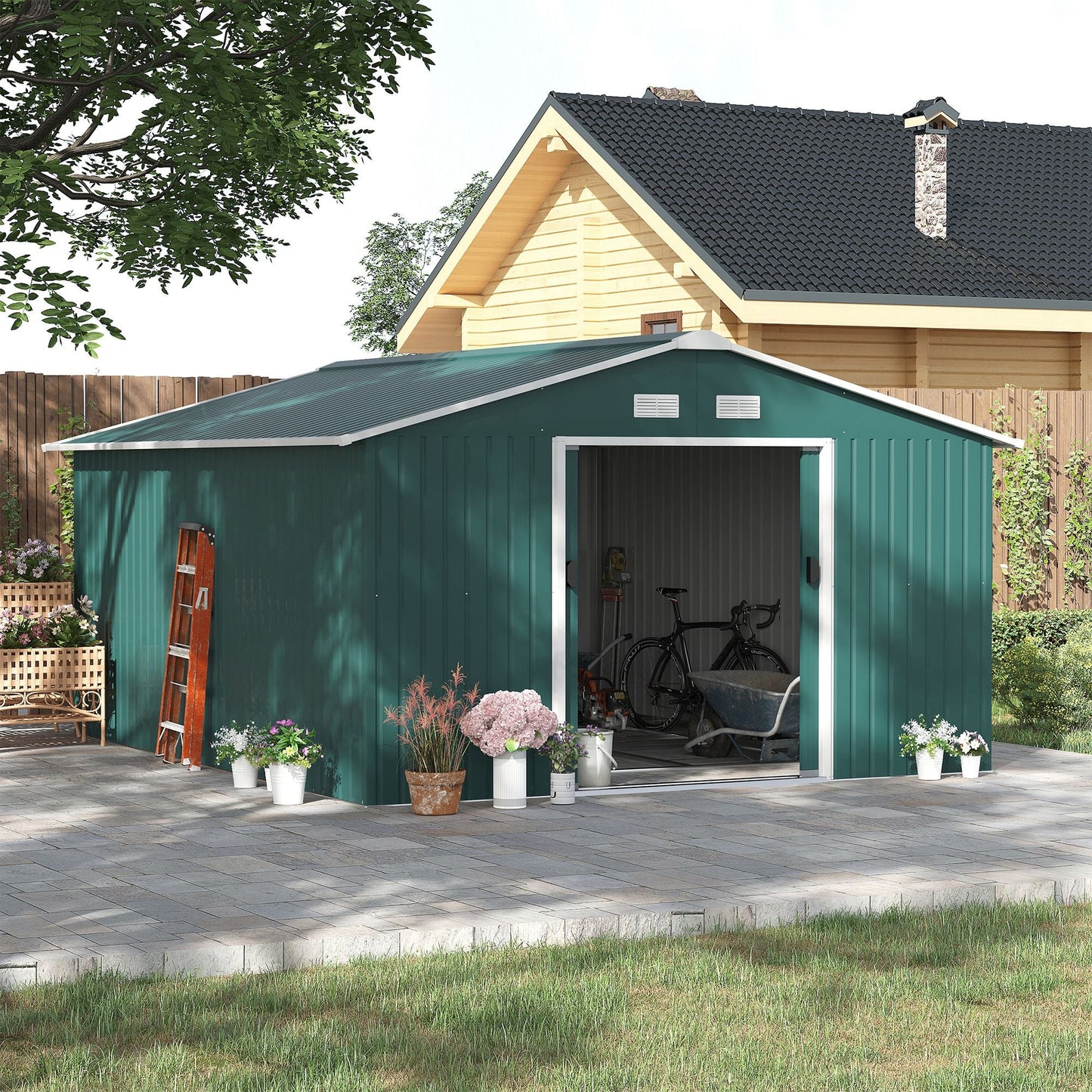 11' x 13' Garden Storage Shed with Foundation Kit, Metal Tool Storage House with Double Doors for Outdoor Patio Yard, Green