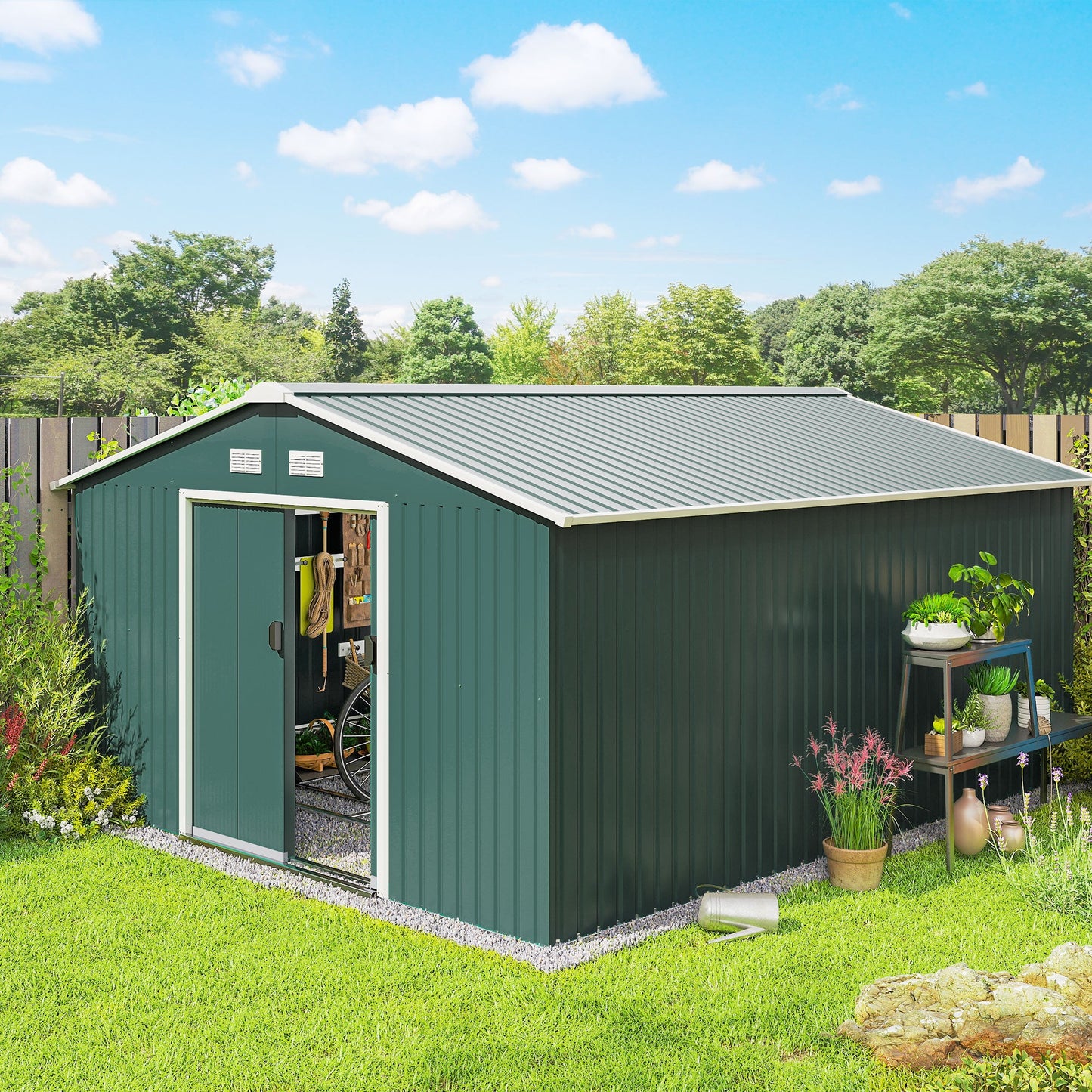 11' x 13' Garden Storage Shed with Foundation Kit, Metal Tool Storage House with Double Doors for Outdoor Patio Yard, Green