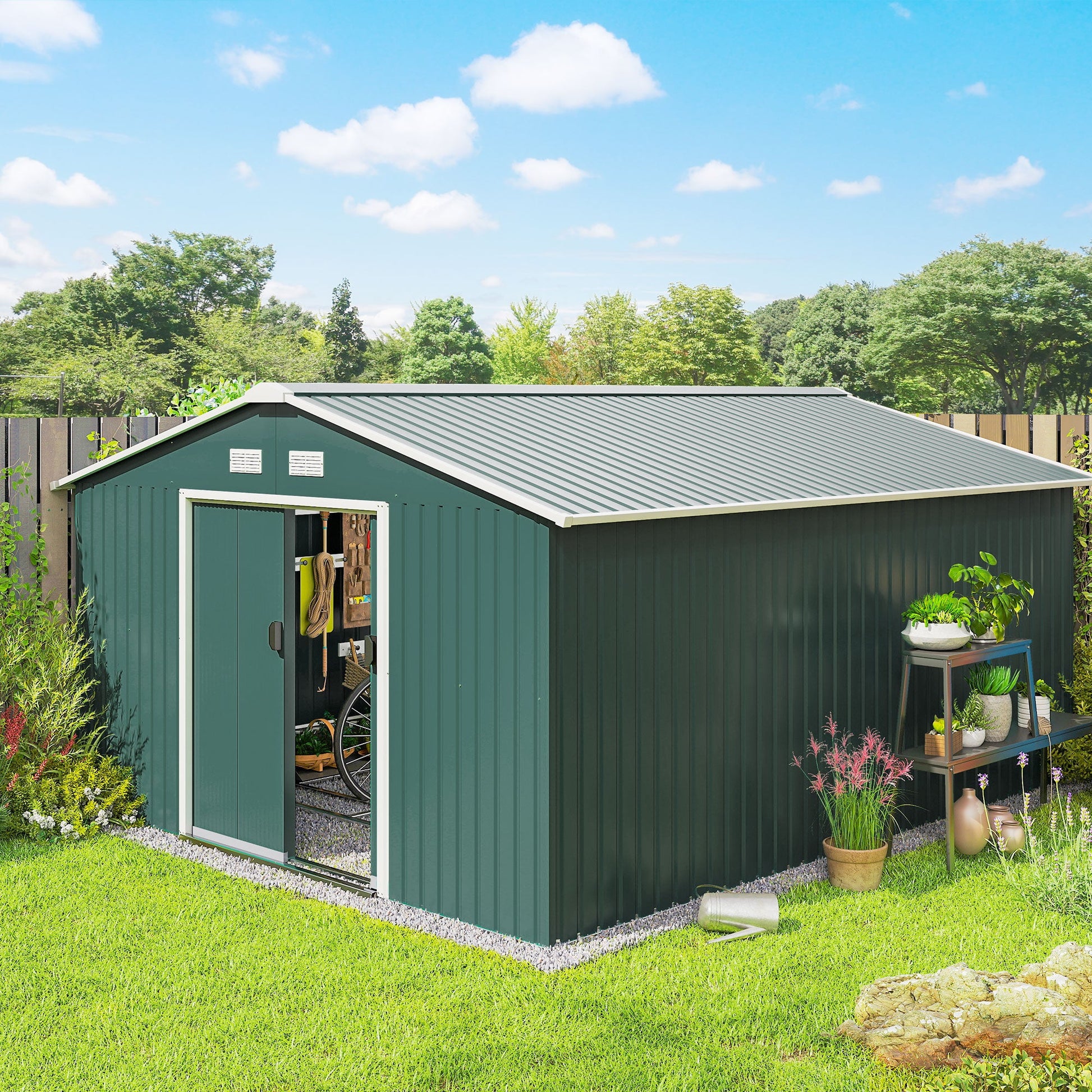 11' x 13' Garden Storage Shed with Foundation Kit, Metal Tool Storage House with Double Doors for Outdoor Patio Yard, Green
