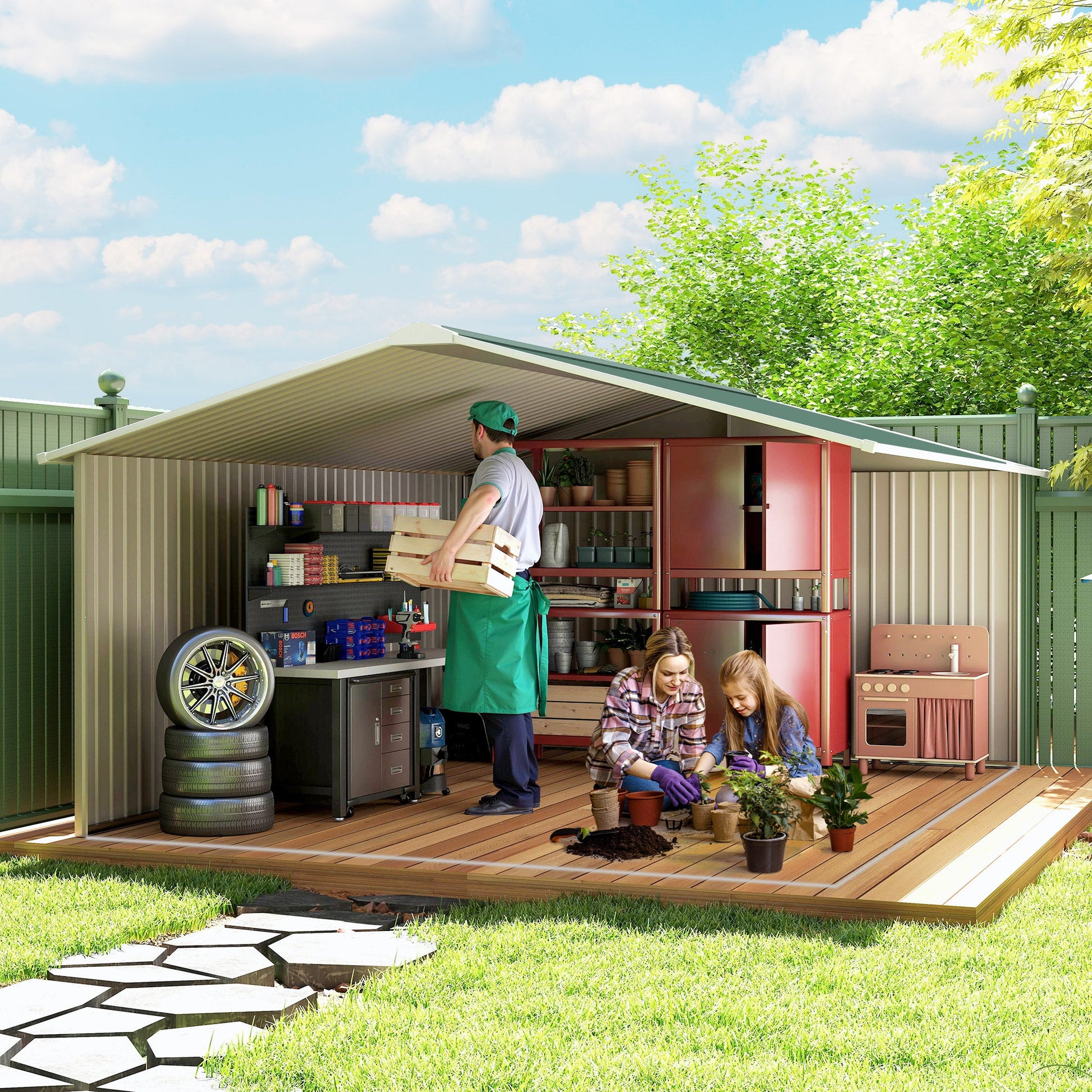 11' x 13' Garden Storage Shed with Foundation Kit, Metal Tool Storage House with Double Doors for Outdoor Patio Yard, Green