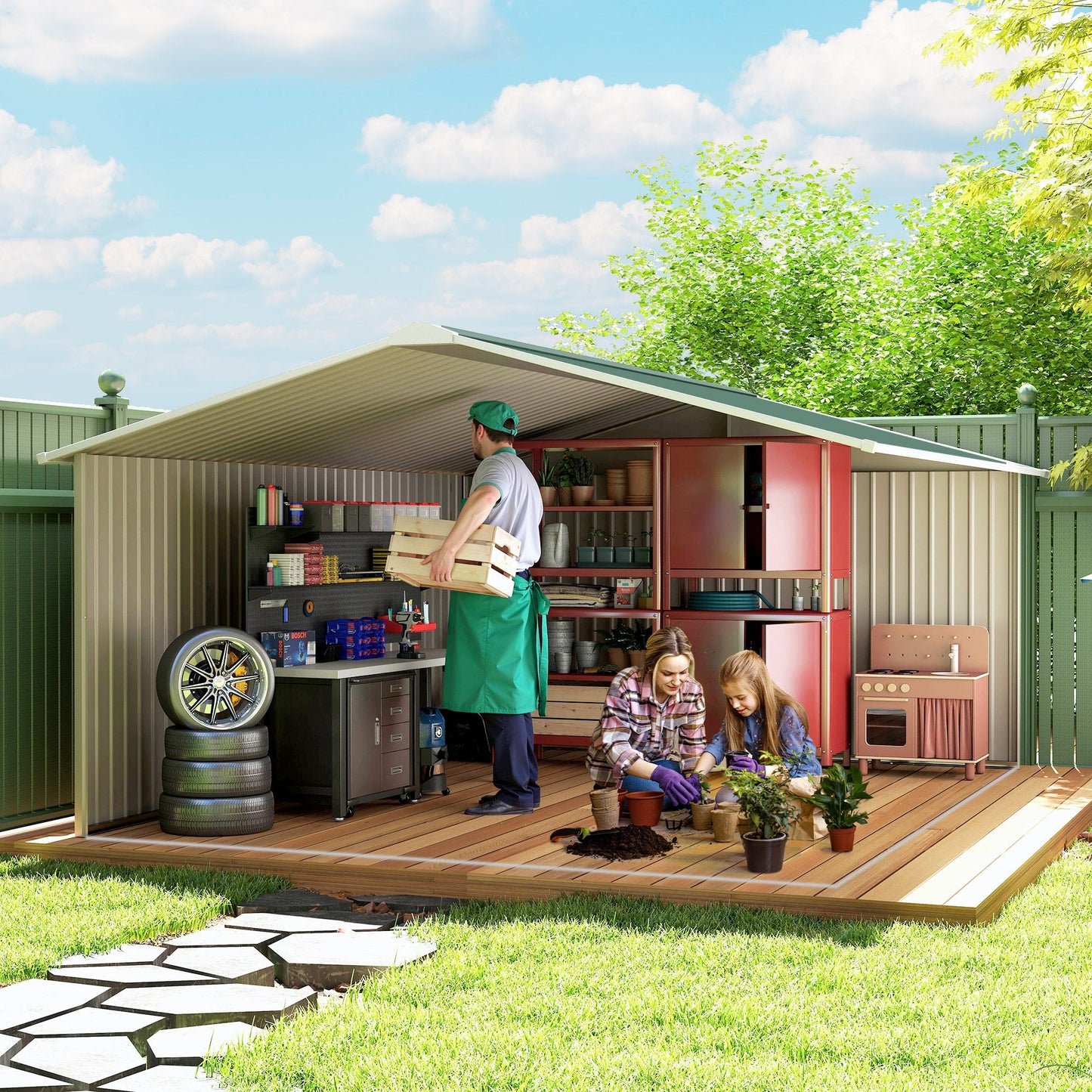 11' x 13' Garden Storage Shed with Foundation Kit, Metal Tool Storage House with Double Doors for Outdoor Patio Yard, Green