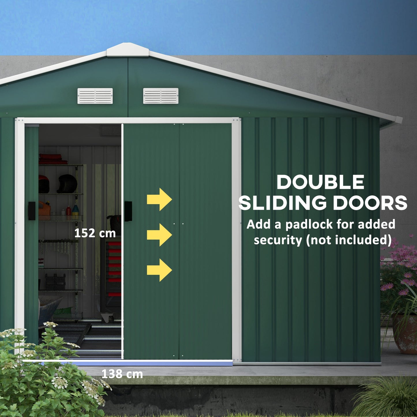 11' x 13' Garden Storage Shed with Foundation Kit, Metal Tool Storage House with Double Doors for Outdoor Patio Yard, Green