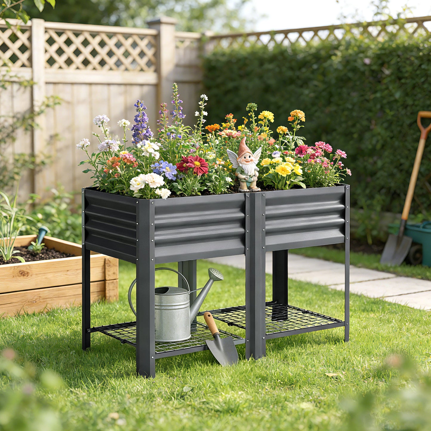 Galvanized Steel Raised Garden Bed, Elevated Planter Box with Legs and Storage Shelf, Raised Planter for Vegetables, Flowers, Herbs, for Outdoor, Patio, Yard, Dark Grey