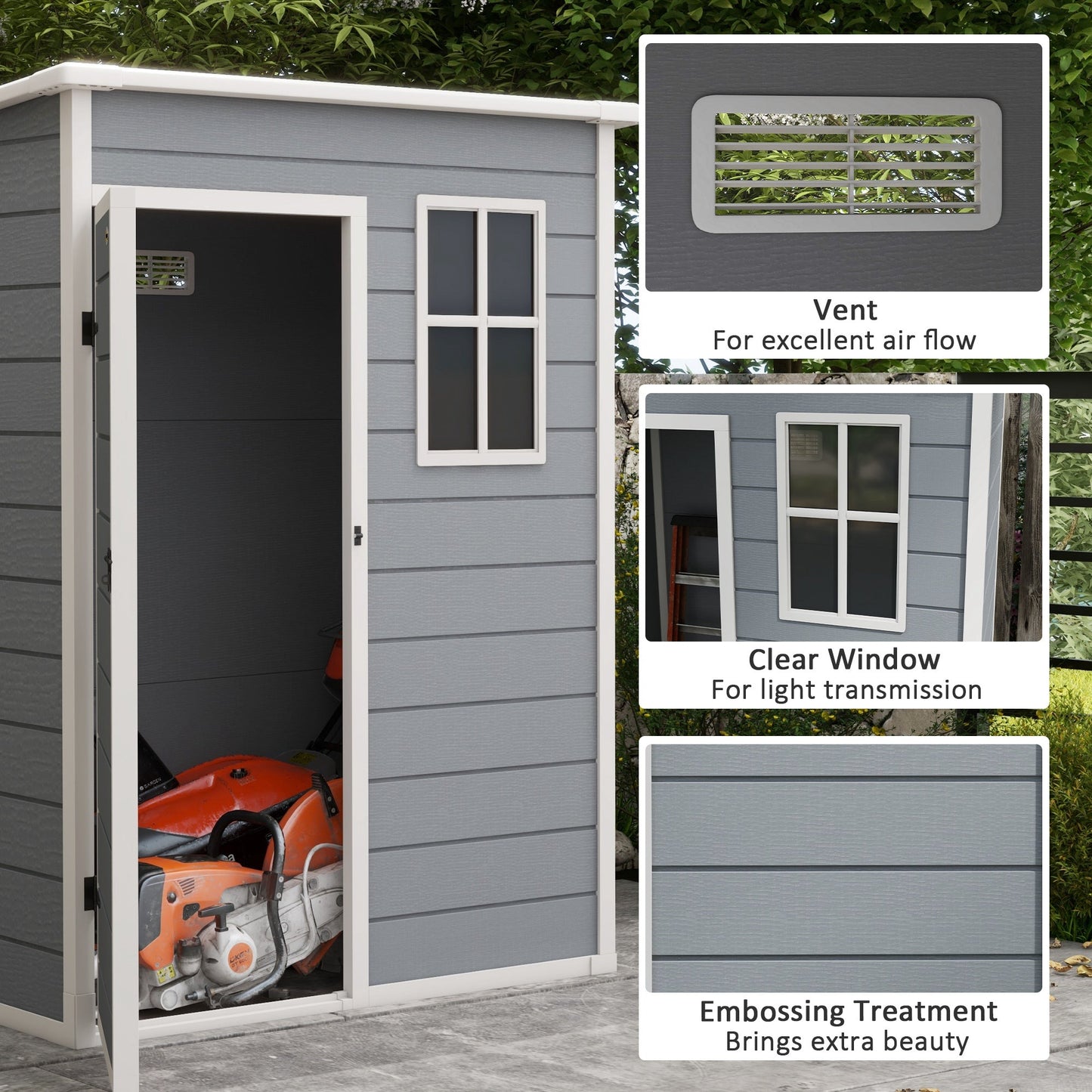 5 x 3FT Outdoor Storage Shed with Floor, Waterproof Garden Shed with Lockable Door, Window and Vent for Backyard, Lawn, Patio, Grey