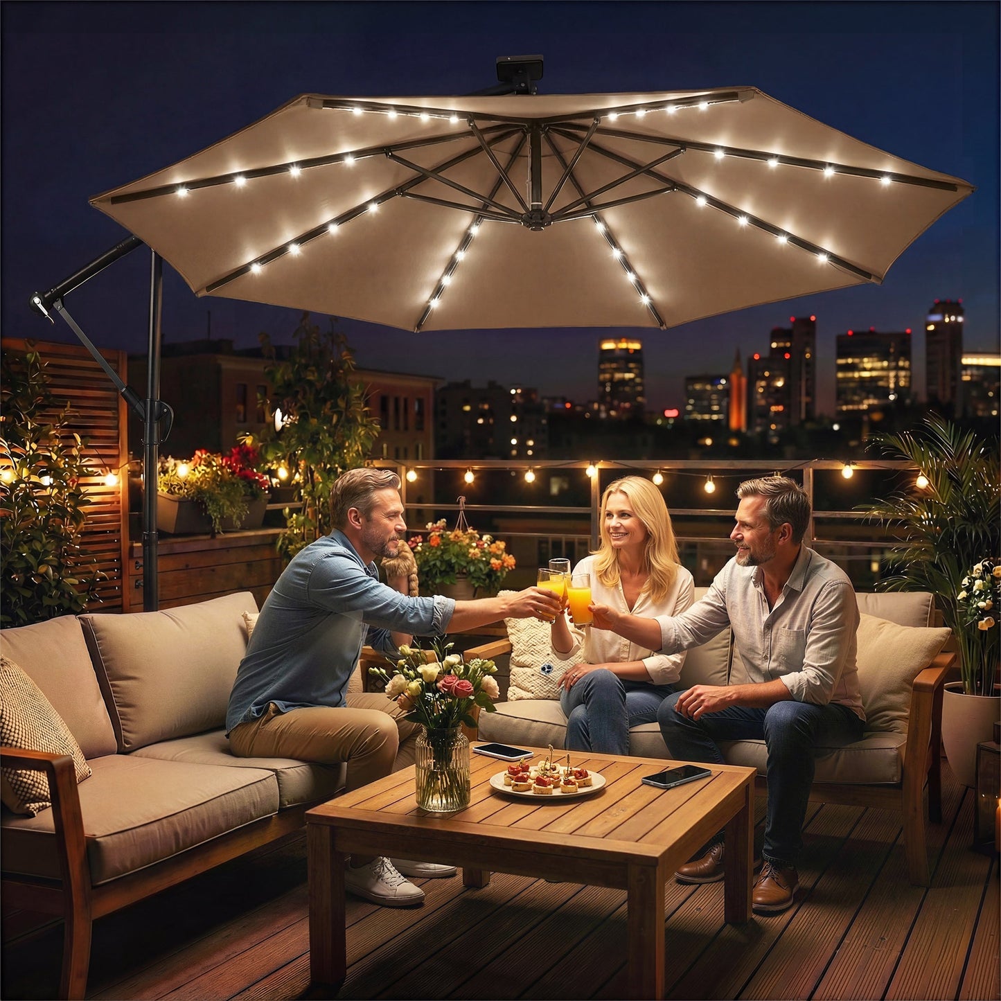 9.7 ft Cantilever Patio Umbrella with Solar LED Light, Cover, Round Offset Hanging Outdoor Umbrella Parasol with Tilt and Crank Handle, Khaki