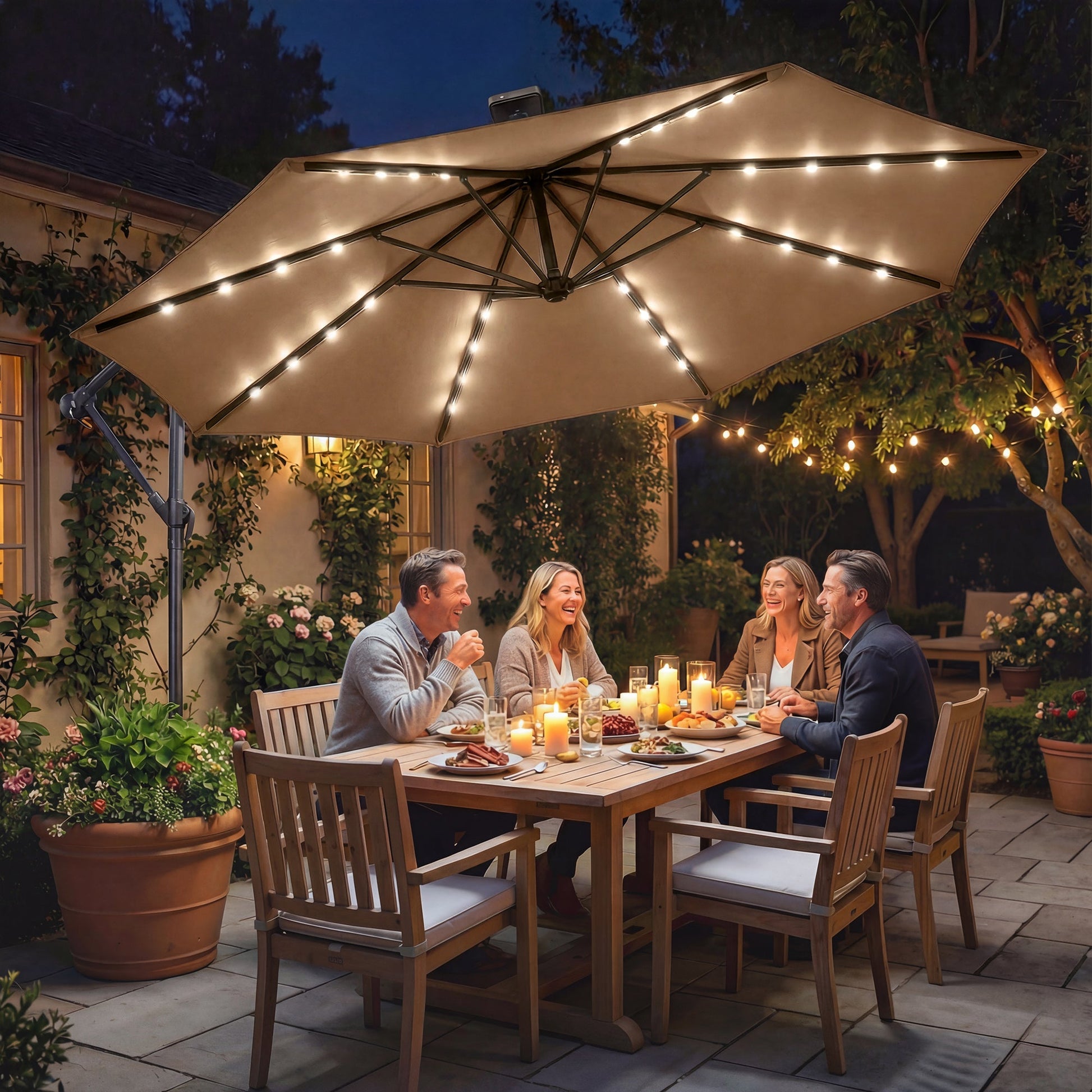 9.7 ft Cantilever Patio Umbrella with Solar LED Light, Cover, Round Offset Hanging Outdoor Umbrella Parasol with Tilt and Crank Handle, Khaki