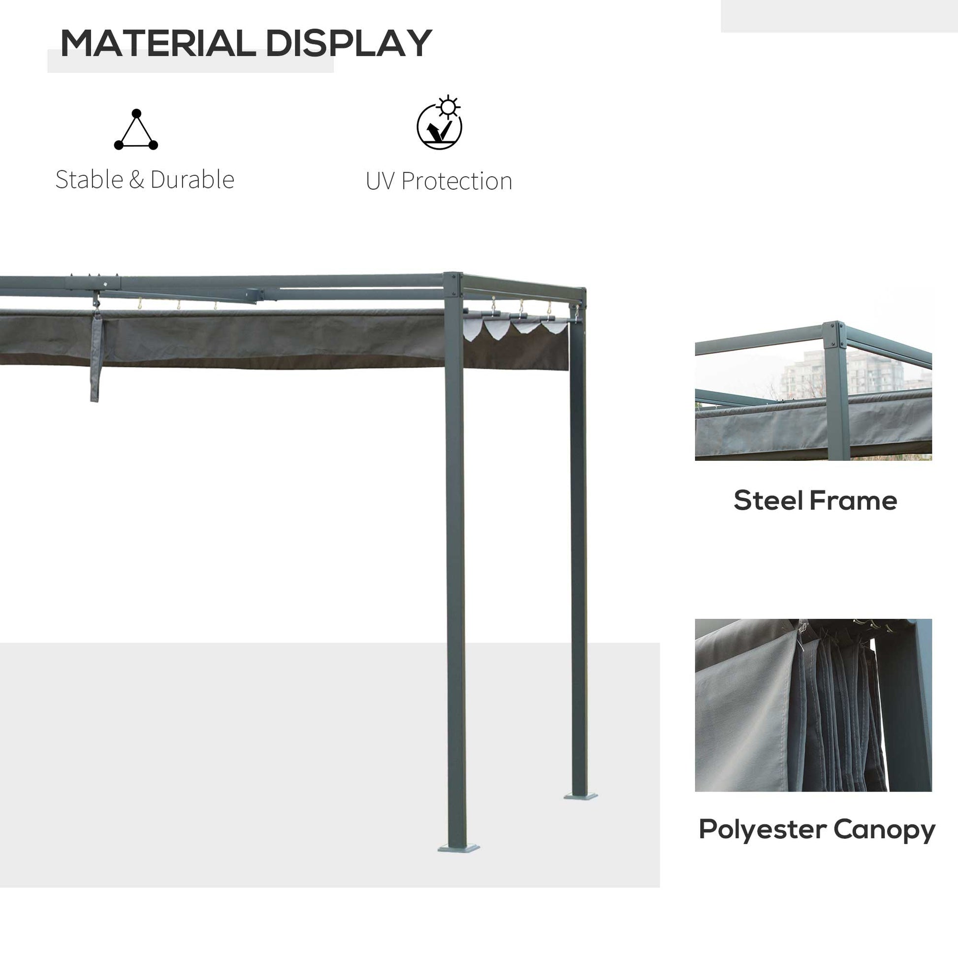 10' x 7' Patio Pergola with Retractable Canopy, Outdoor Sun Shelter, Yard Shade, Grey