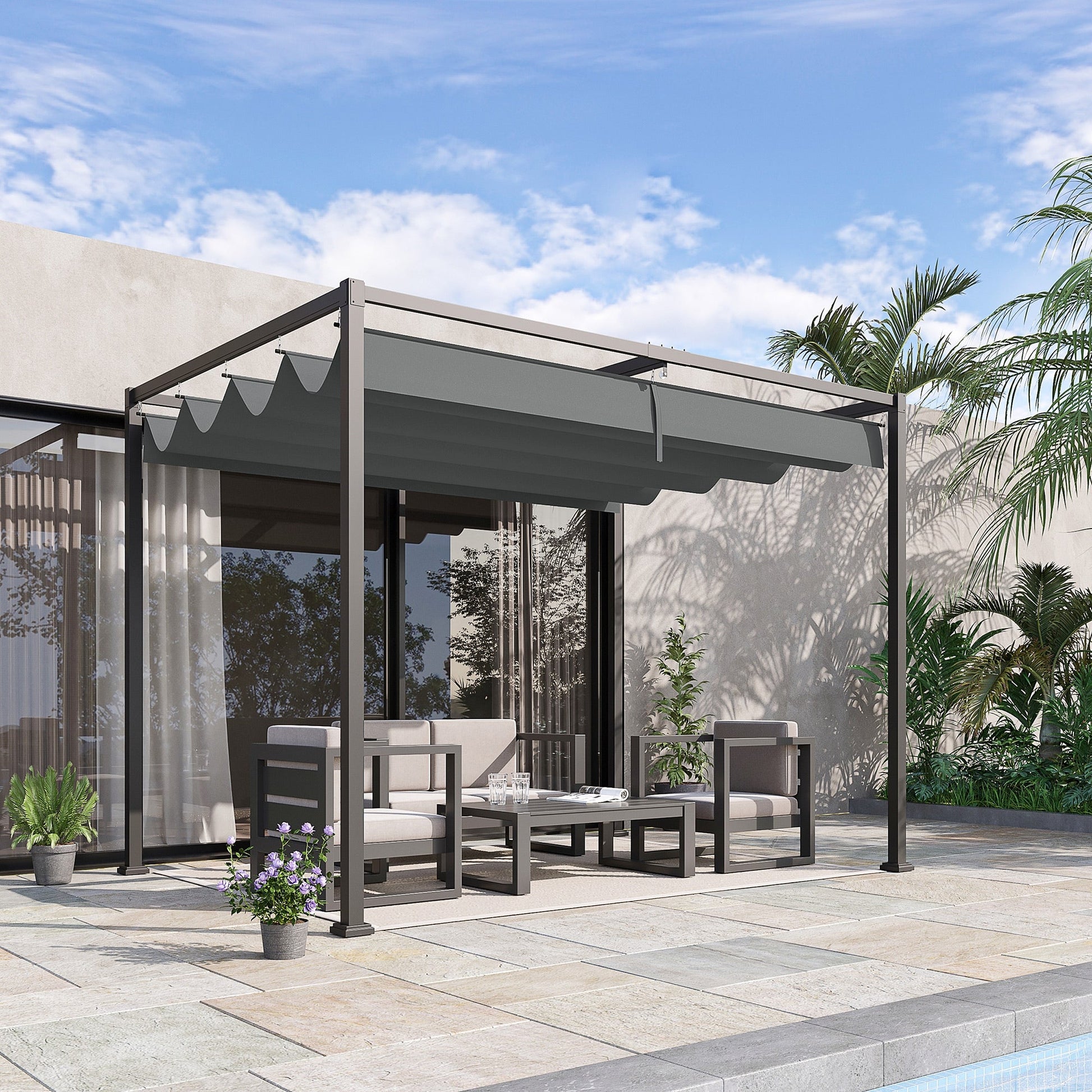 10' x 7' Patio Pergola with Retractable Canopy, Outdoor Sun Shelter, Yard Shade, Grey