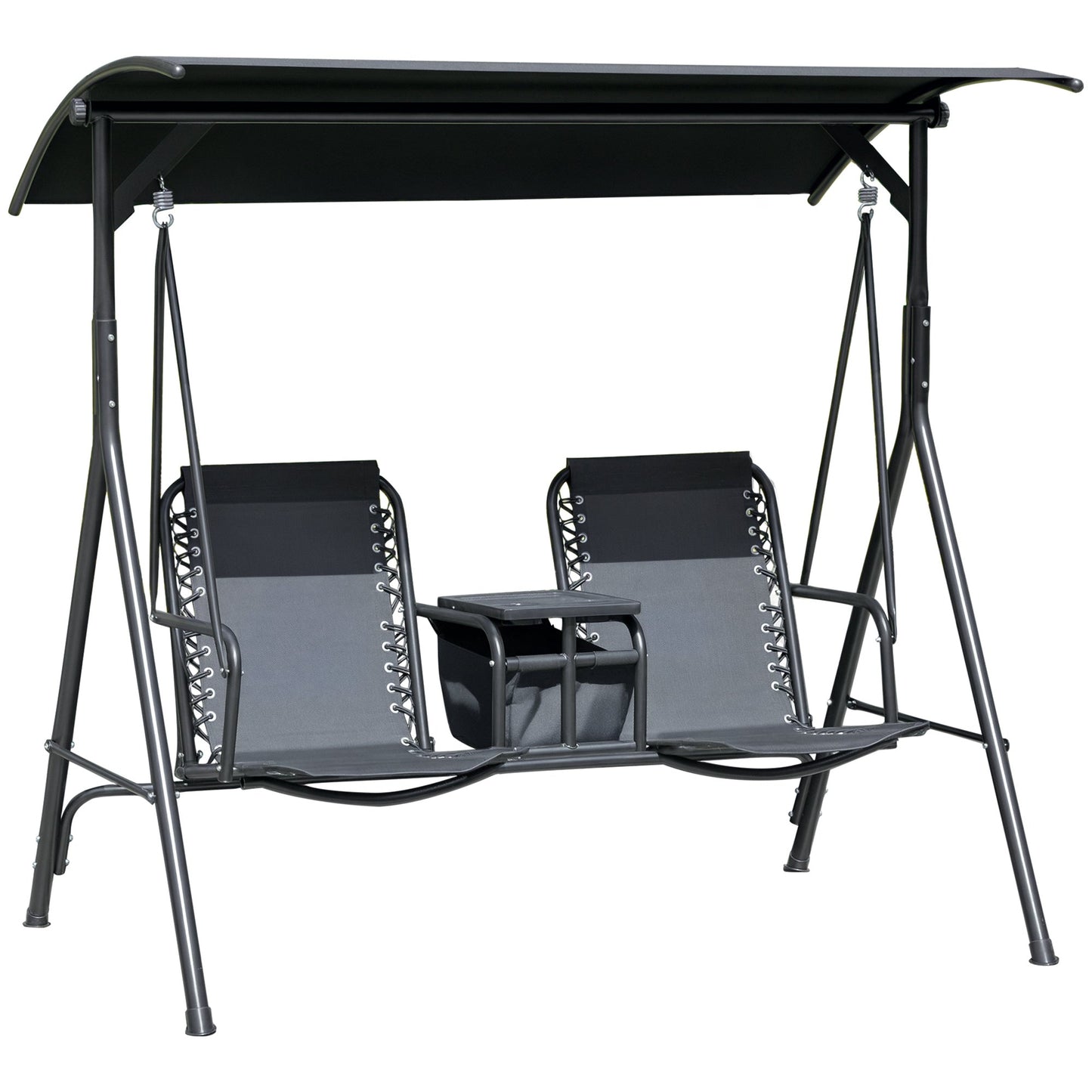2 Person Covered Porch Swing Patio Swing with Pivot Storage Table, Cup Holder, & Adjustable Overhead Canopy, Black