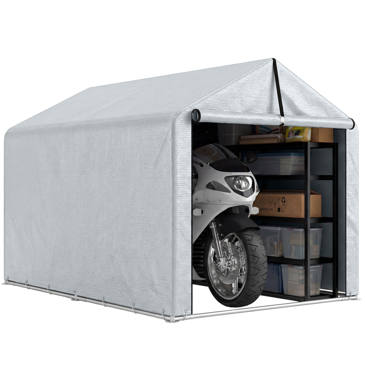 7' x 5' Portable Shed, Waterproof Bike Tent with Roll-up Zipper Door and Galvanized Steel Frame, Outdoor Storage Shed for Bike, Firewood, Garden Tools, Light Grey