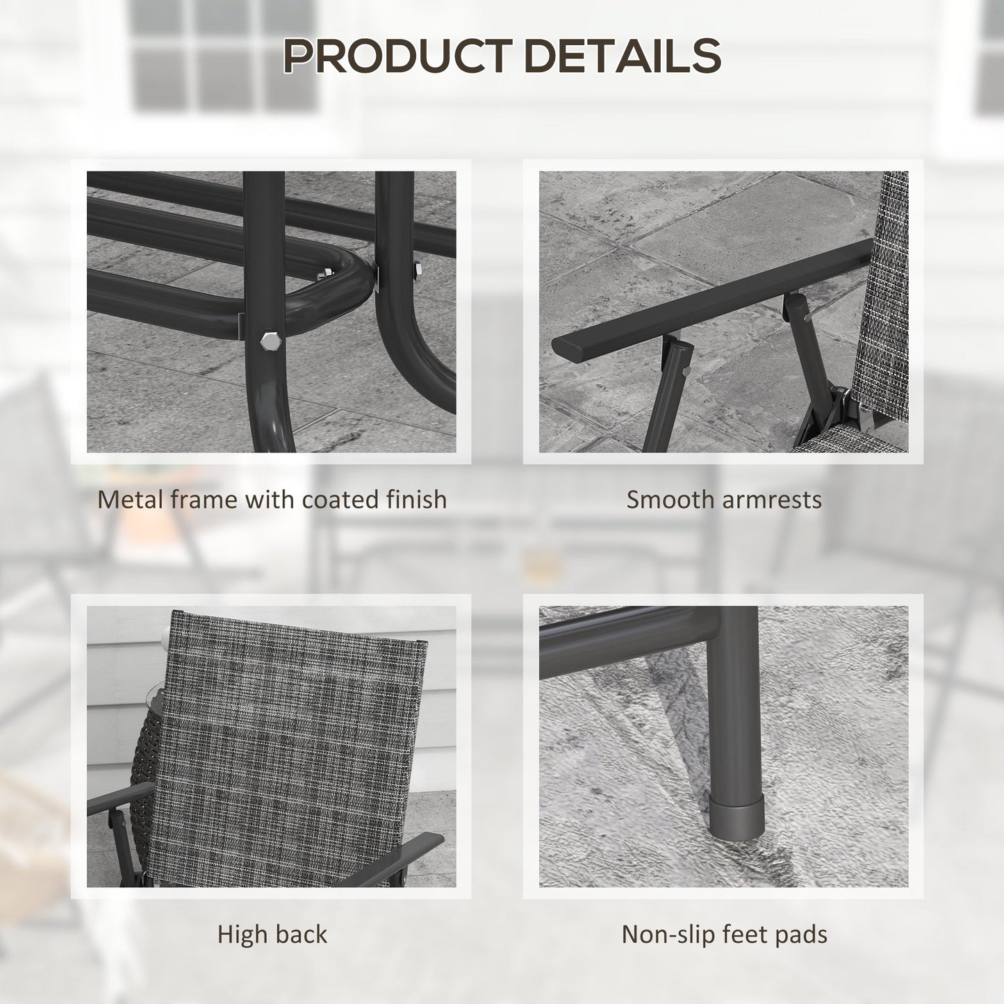 Outdoor 4 Pieces Patio Furniture Set with Foldable Armchairs and Loveseat, Small Patio Coffee Set with Glass Top Table for Backyard Lawn Porch Garden Balcony, Mixed Grey