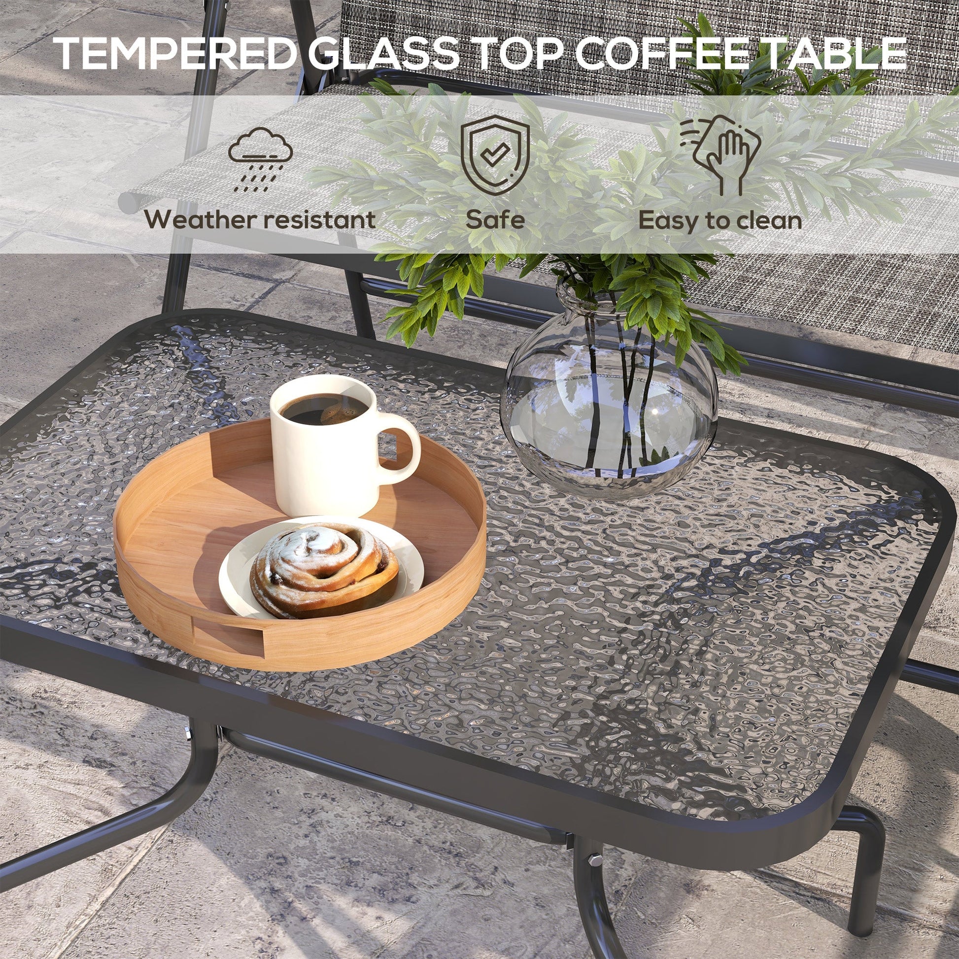 Outdoor 4 Pieces Patio Furniture Set with Foldable Armchairs and Loveseat, Small Patio Coffee Set with Glass Top Table for Backyard Lawn Porch Garden Balcony, Mixed Grey